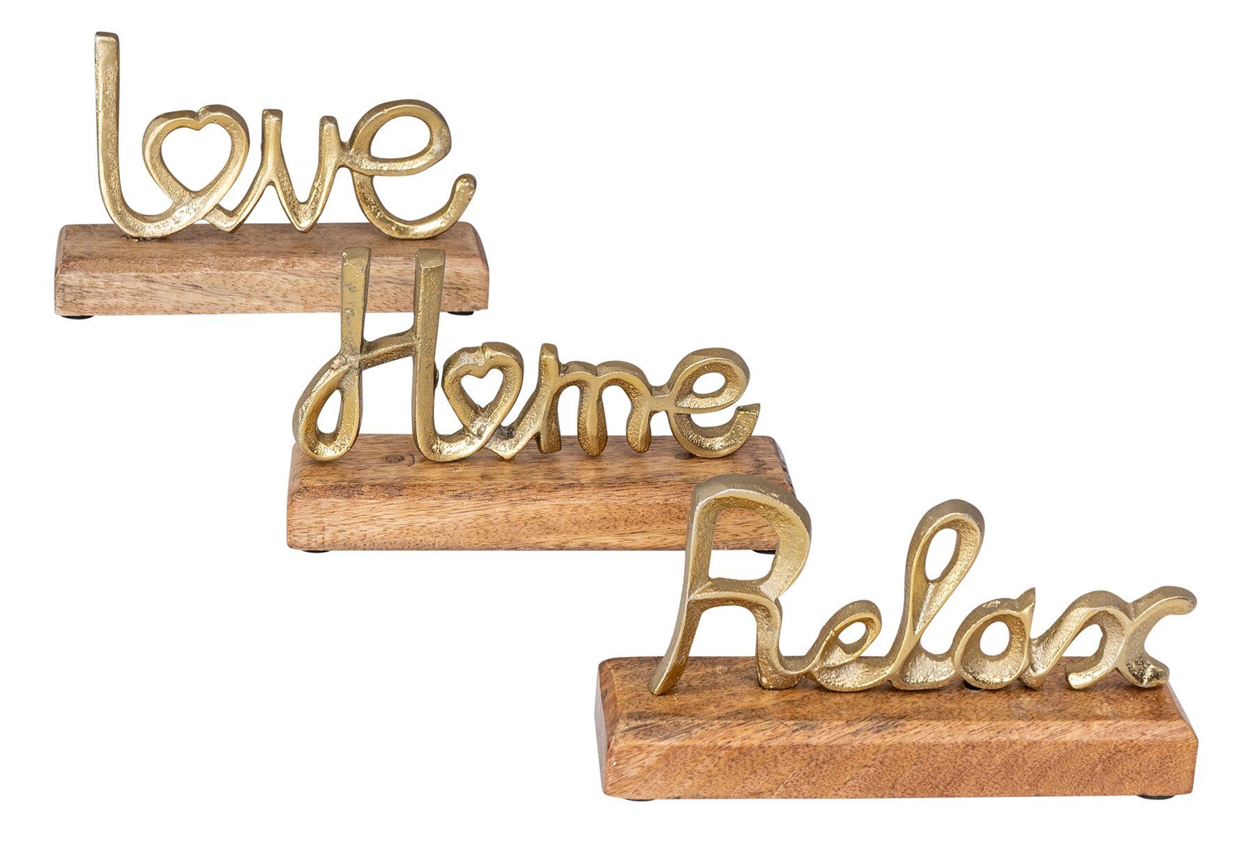 Levandeo® Deko-Schriftzug, 3er Set Schriftzug Metall Relax Gold Home Love Mango Aufsteller Holz