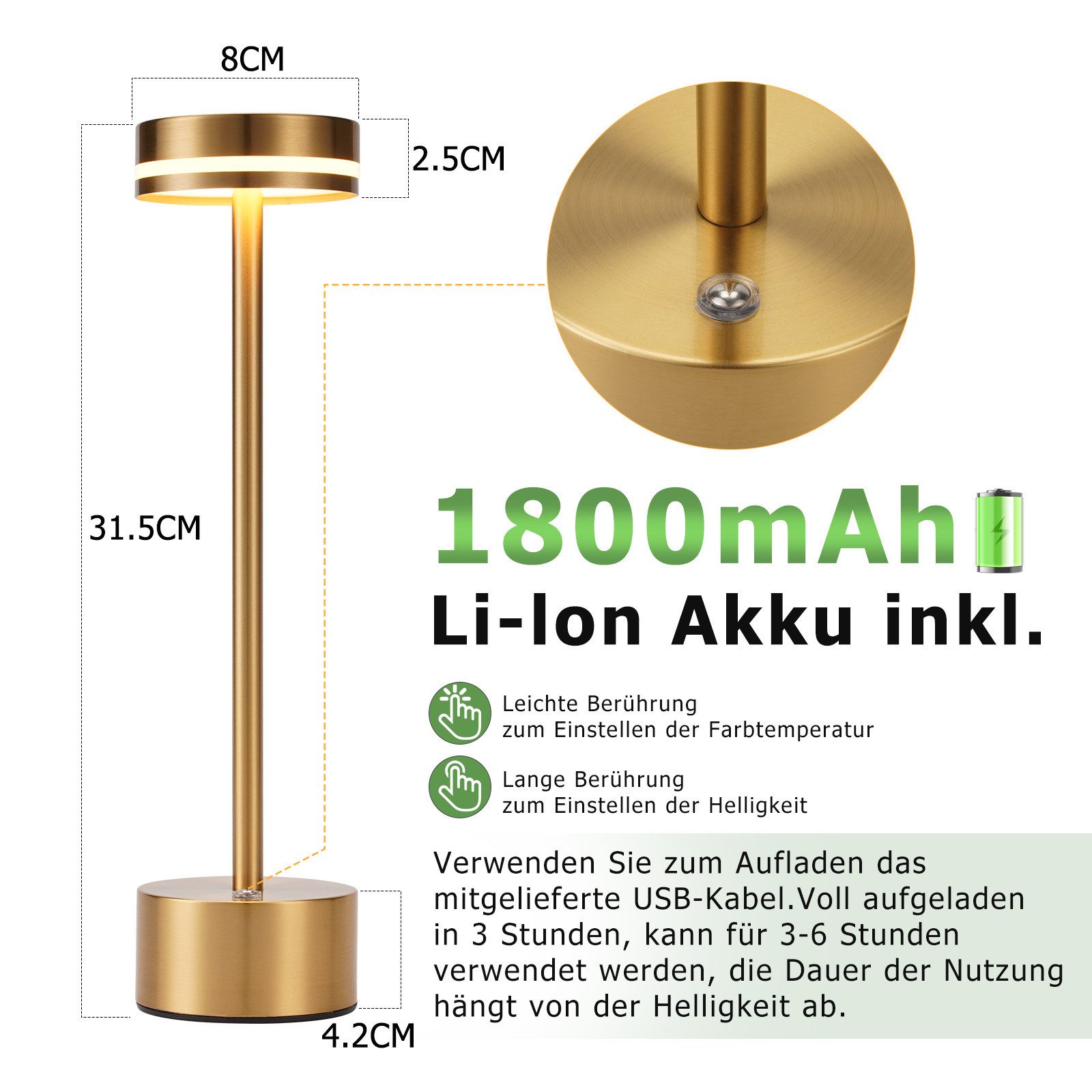 ZMH Tischleuchte 2ER-Set Gold/Schwarz/Weiß USB LED Akku Touchdimmer Nachttischlampe, Touch-Steuerung, LED fest integriert, Warmweiß-Neutralweiß-Kaltweiß, Mehrere Helligkeitsstufen