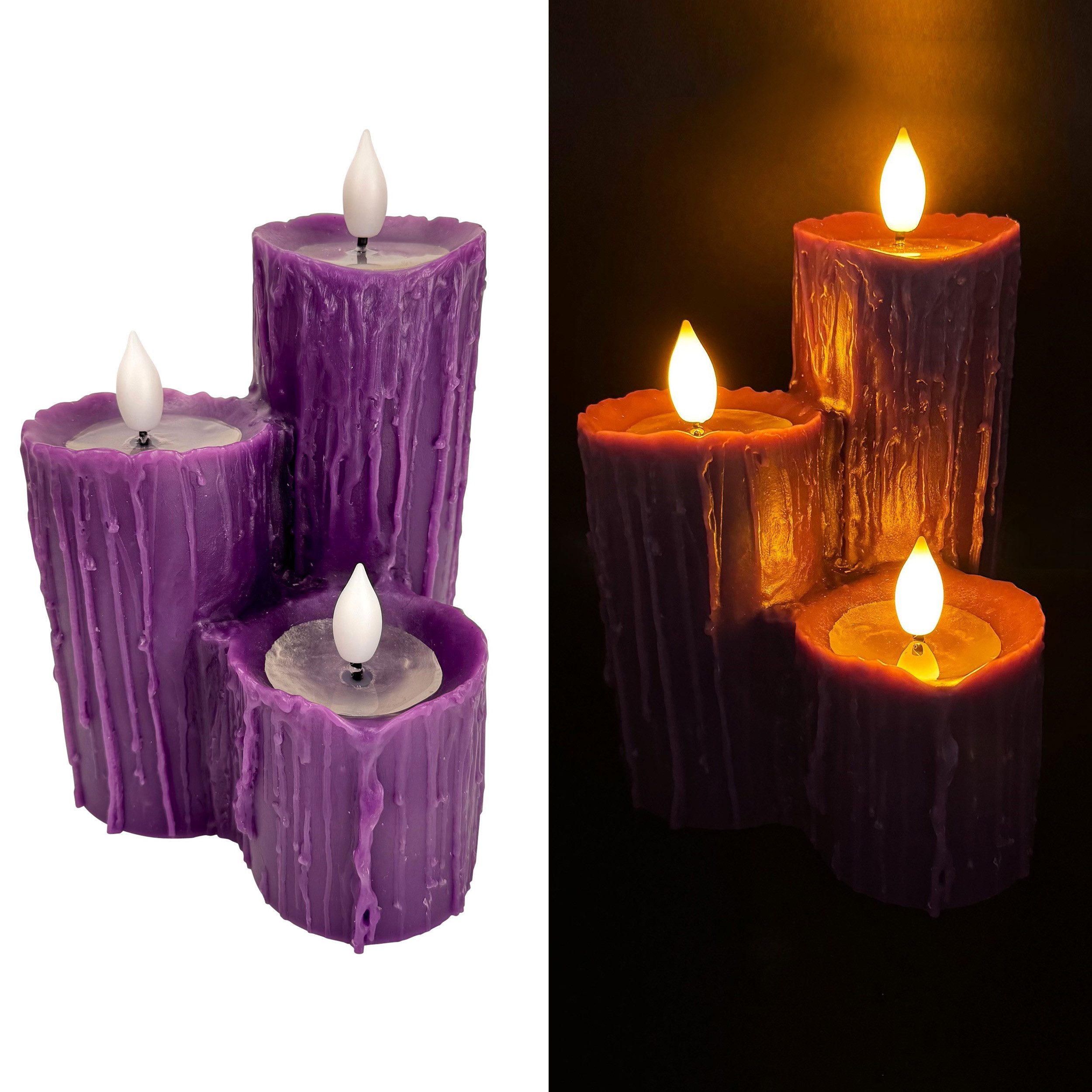 Online-Fuchs LED-Kerze 3 verschmolzene LED-Kerzen mit 6-Stunden Timer & Wachstropfen (Schwarz, Lila & Orange, Kaminkerzen), realistische Kerzenflamme mit Wachsspiegel