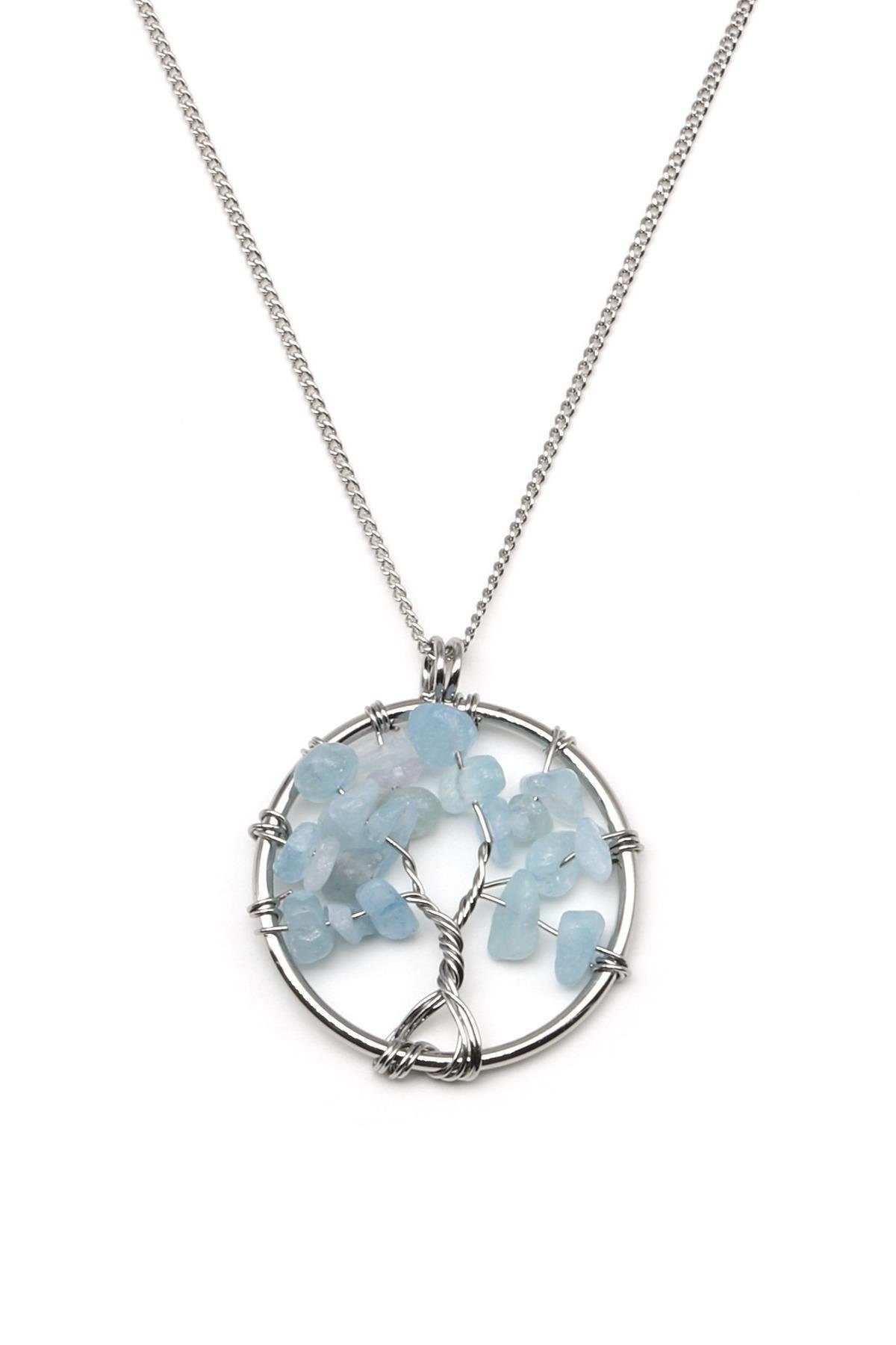Nisan Edelstein, Aquamarin Lebensbaum Halskette – Naturstein Anhänger in Hellblau