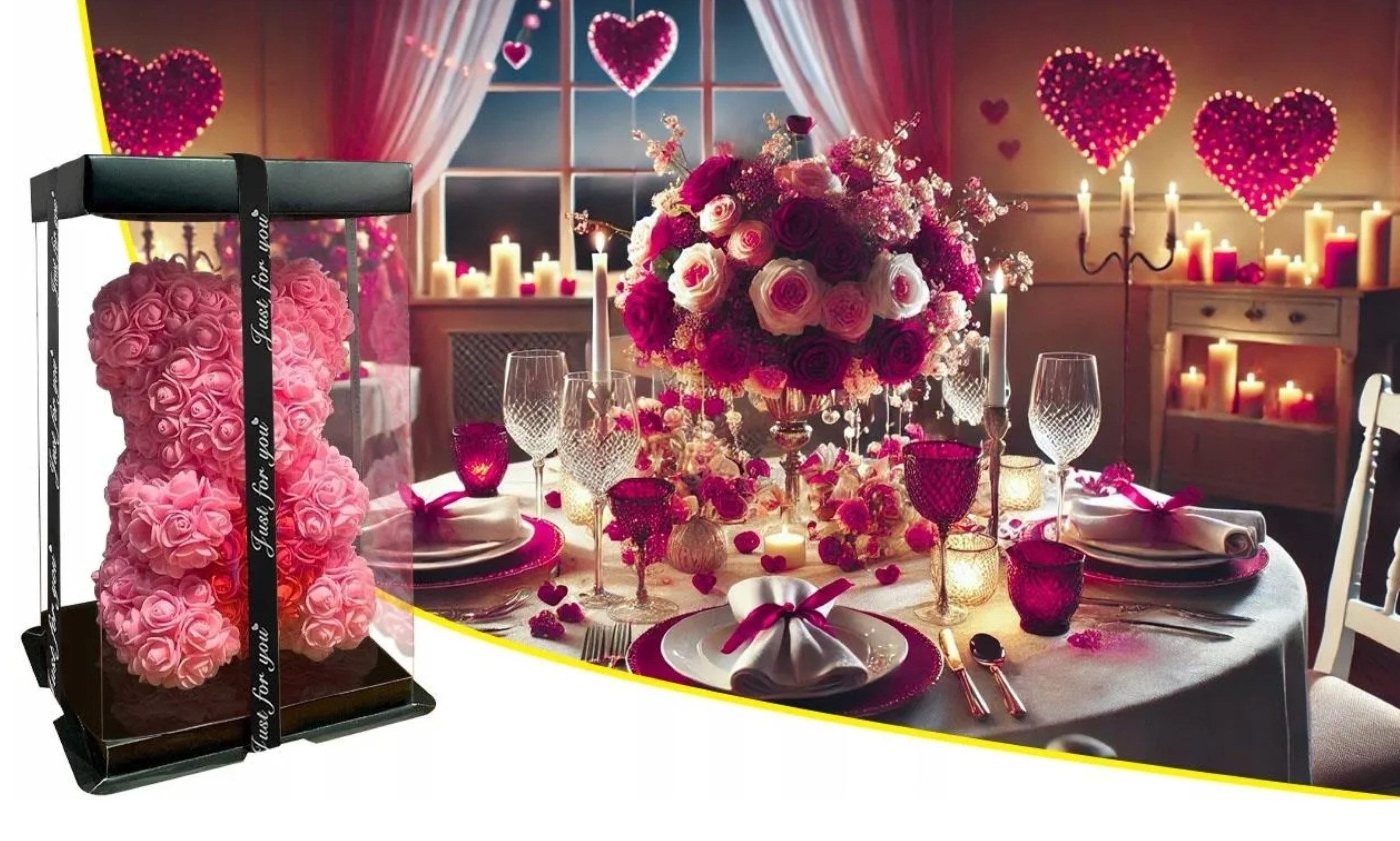 AMORE MIO LED Dekoobjekt Rosenbär mit Herz 25 cm Teddy aus Rosen Geschenkbox Valentinstag Deko, LED fest integriert, Rosenoptik Herzmotiv LED Beleuchtung dekorativ Geschenkfertig