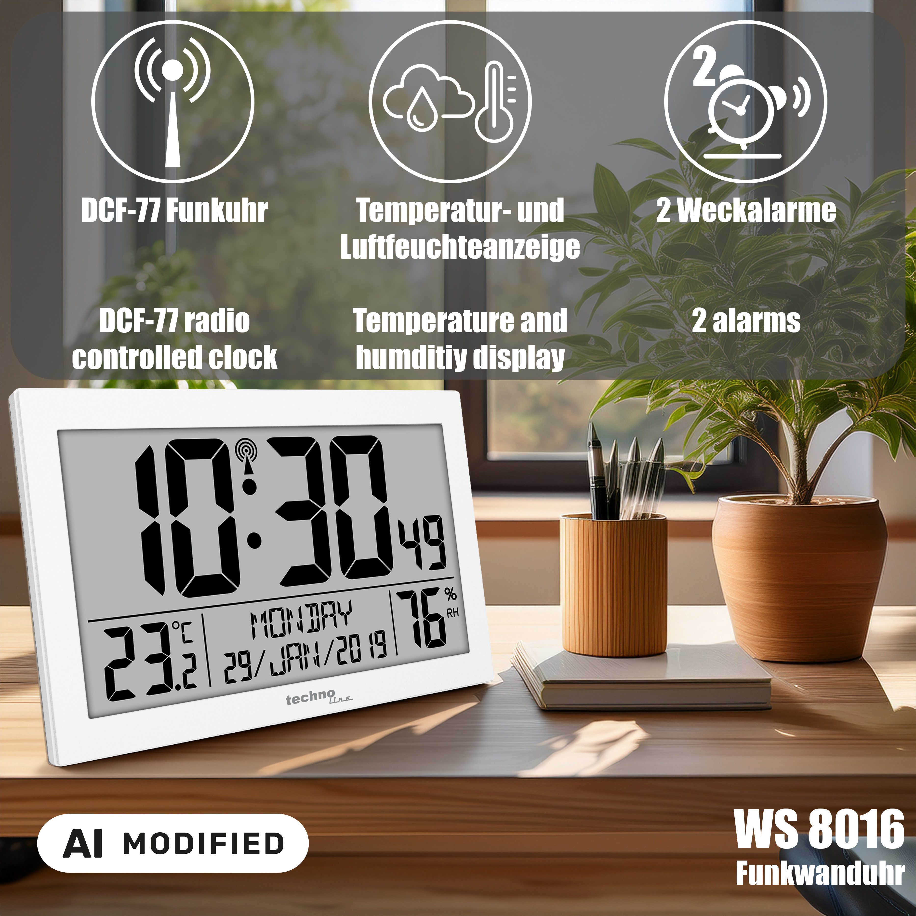 technoline Funkwanduhr WS 8016 (mit Temperatur- und Luftfeuchteanzeige)