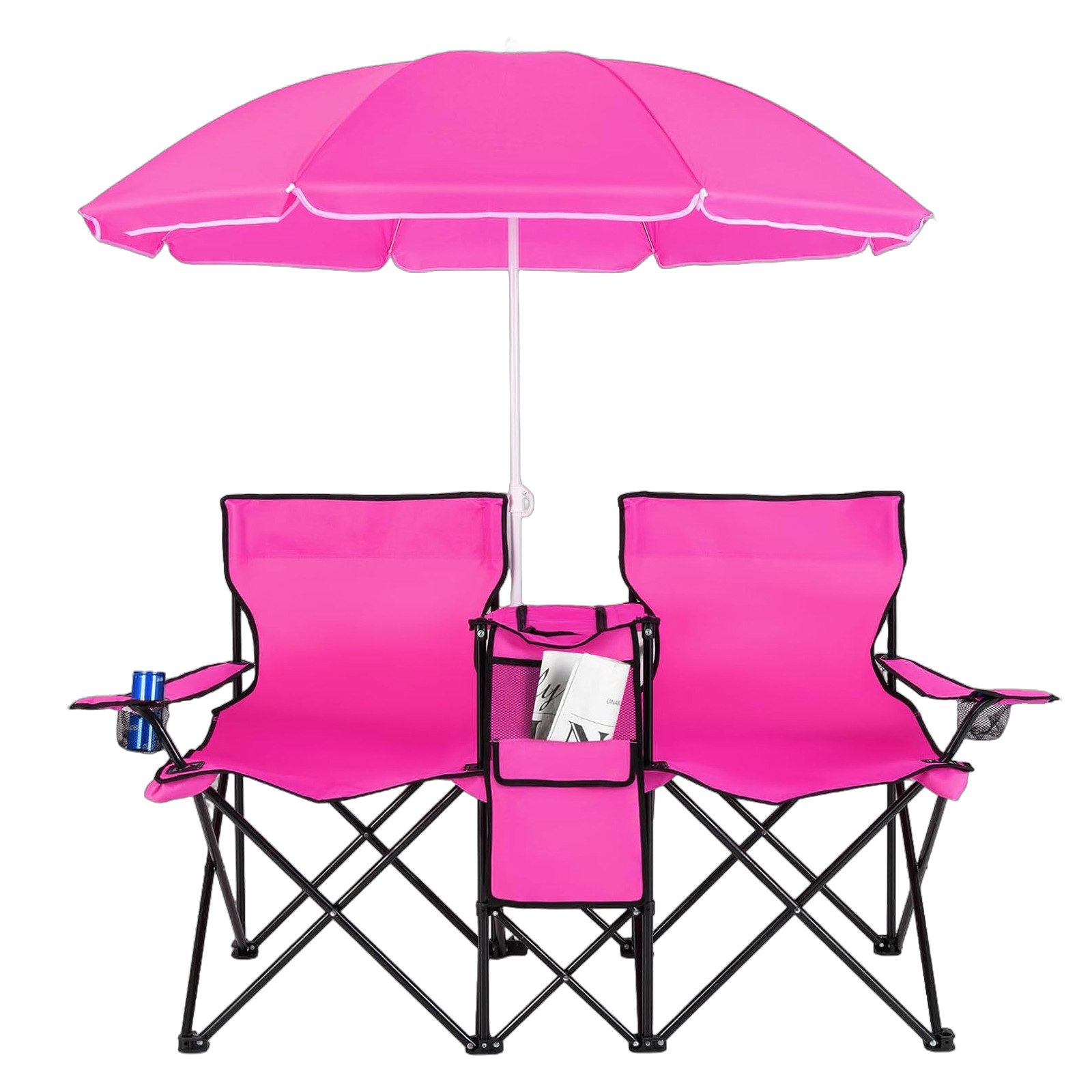 COSTWAY Campingstuhl, mit Sonnenschirm, Getränkehalter & Kühltasche, faltbar