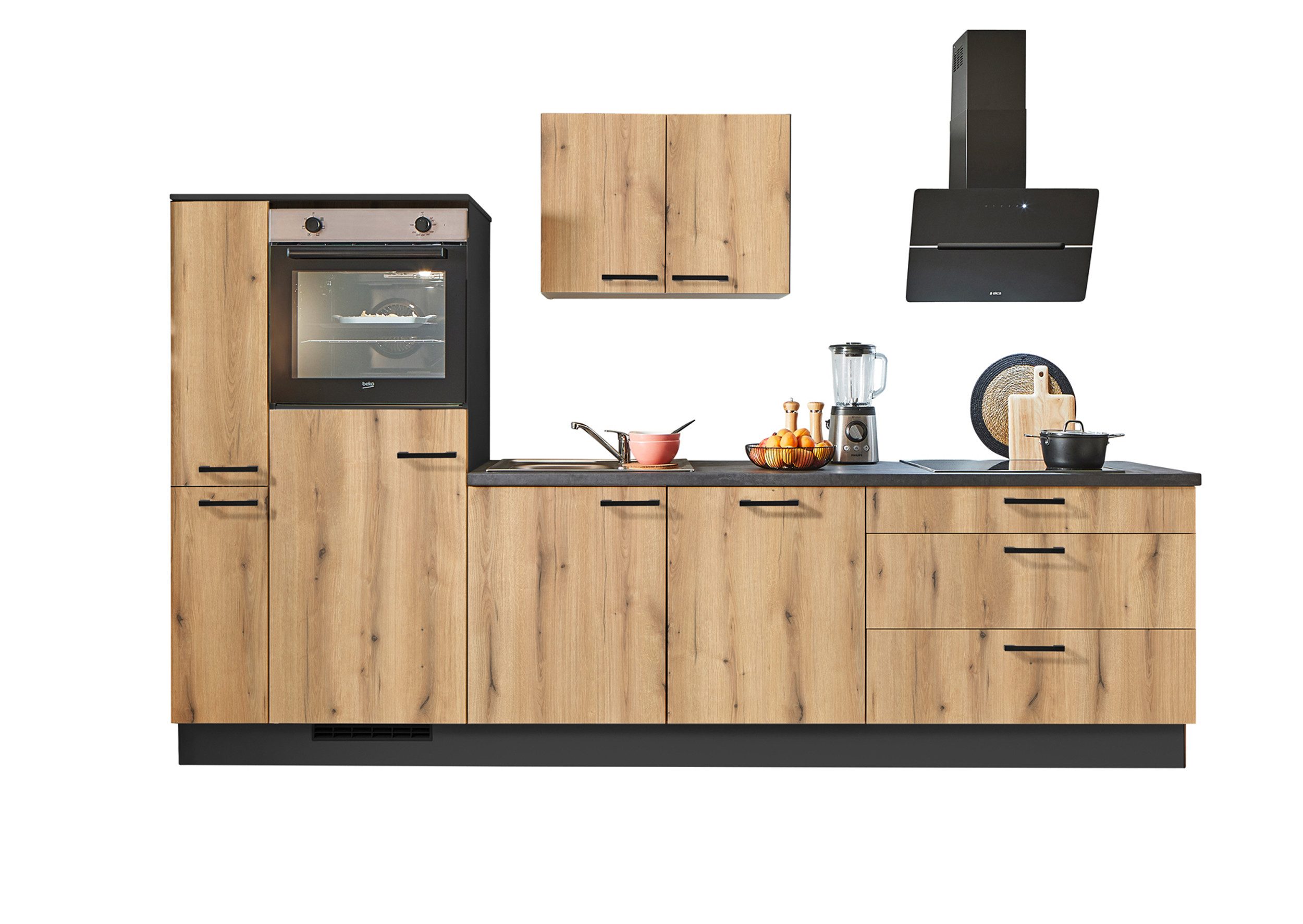 Front: Evoke Eiche | Korpus: Grafit | Arbeitsplatte: Beton Grafitgrau