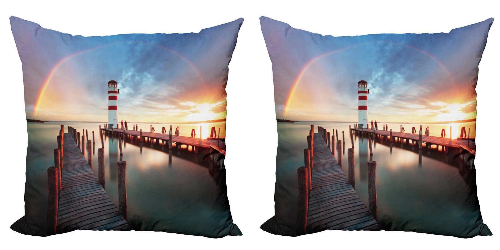 Kissenbezüge Modern Accent Doppelseitiger Digitaldruck, Abakuhaus (2 Stück), Leuchtturm Wolken Sonnenuntergang am Meer