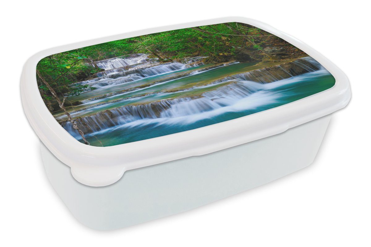 MuchoWow Lunchbox Wasserfall - Bäume - Natur - Dschungel, Kunststoff, (2-tlg), Brotbox für Kinder und Erwachsene, Brotdose, für Jungs und Mädchen weiß