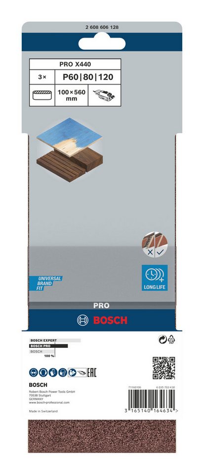 Thumbnail - BOSCH Schleifpapier Pro X440 Schleifbänder, (3 Teile), Pro X440 Schleifband-Set, 100 x 560 mm, G60, G80, G100, 3-teilig