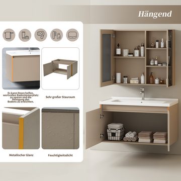 HIYORI Badmöbel-Set Badezimmer Badmöbel Set :Waschbeckenunterschrank hängend 90cm breit, mit Keramikwaschbecken Spiegelschrank