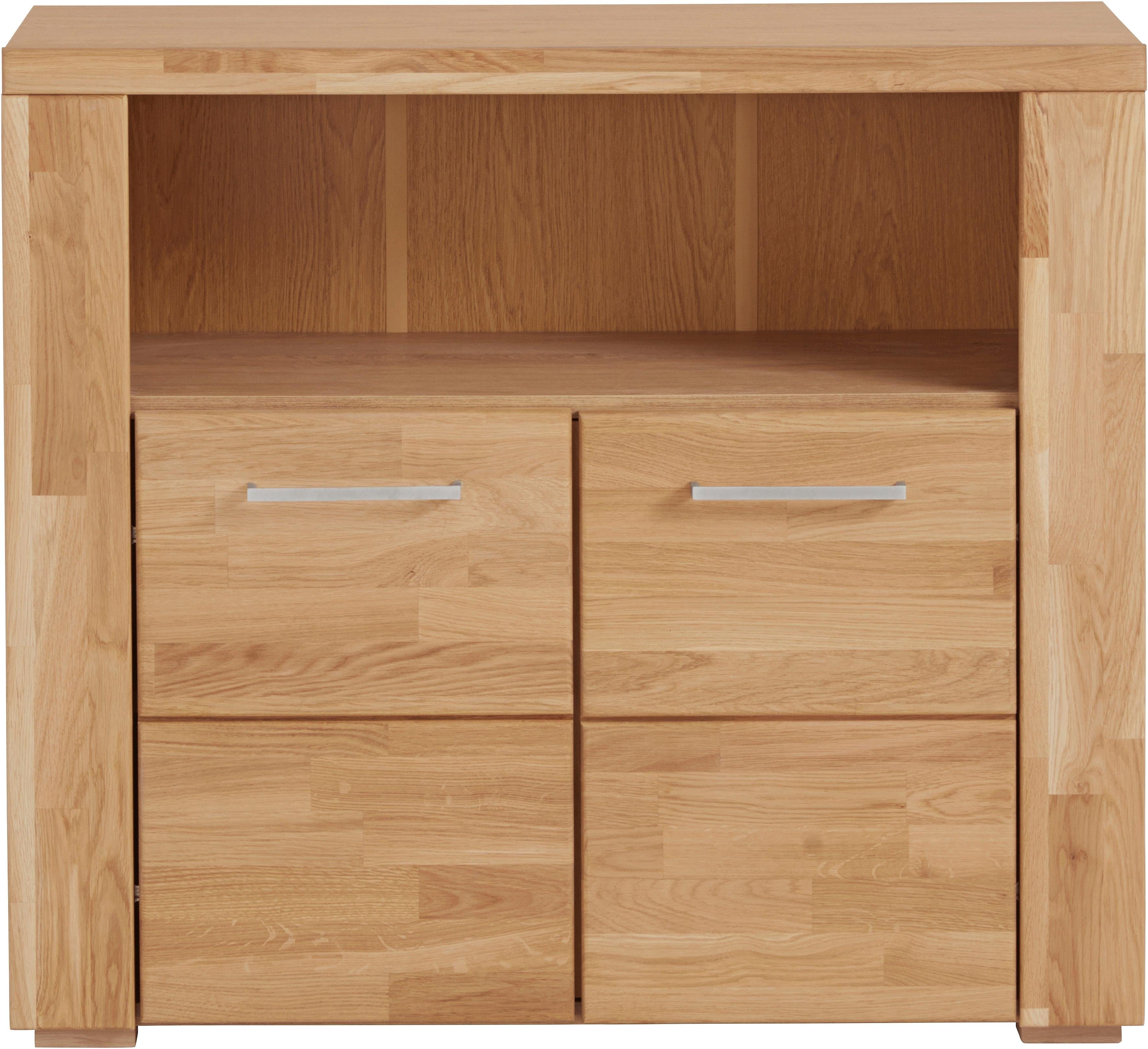 OTTO home Kommode Celle,90cm breit,35 cm tief, Fronten Massivholz, Holz massiv, Holzwerkstoff, Metall Griffe,3 breite Fächer