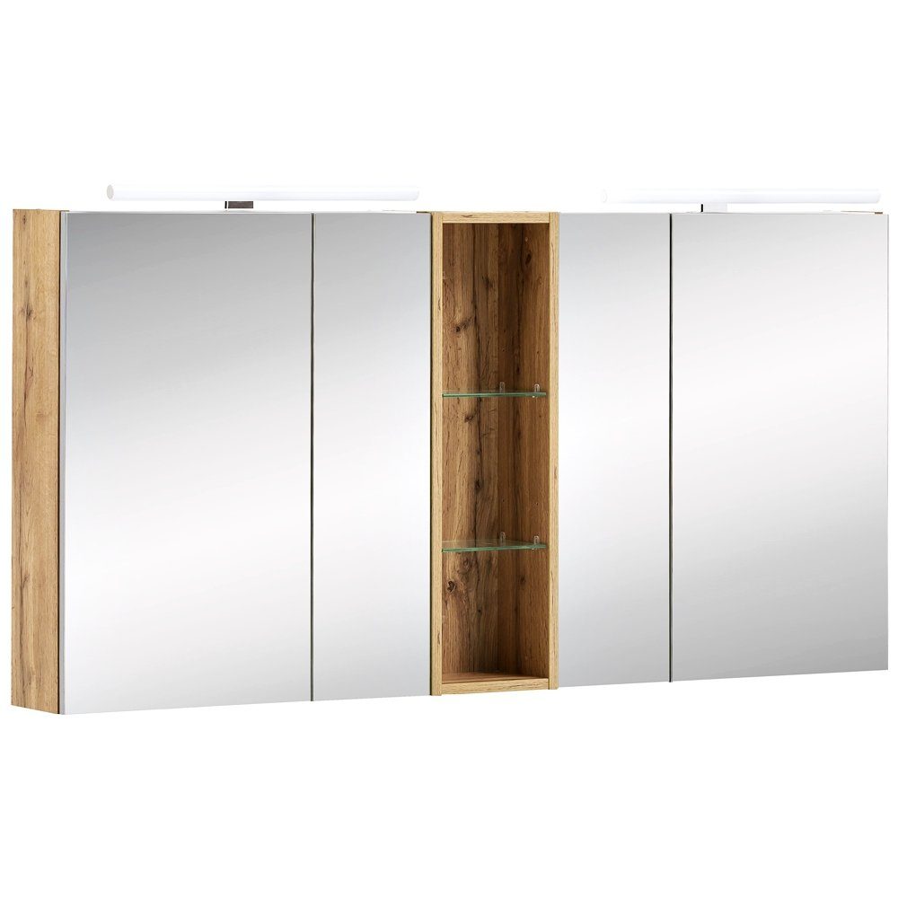 Lomadox Spiegelschrank DABO-04 LED- mit in Eiche Beleuchtung inkl. 141,6/71-75/16 cm Landhaus Regal 