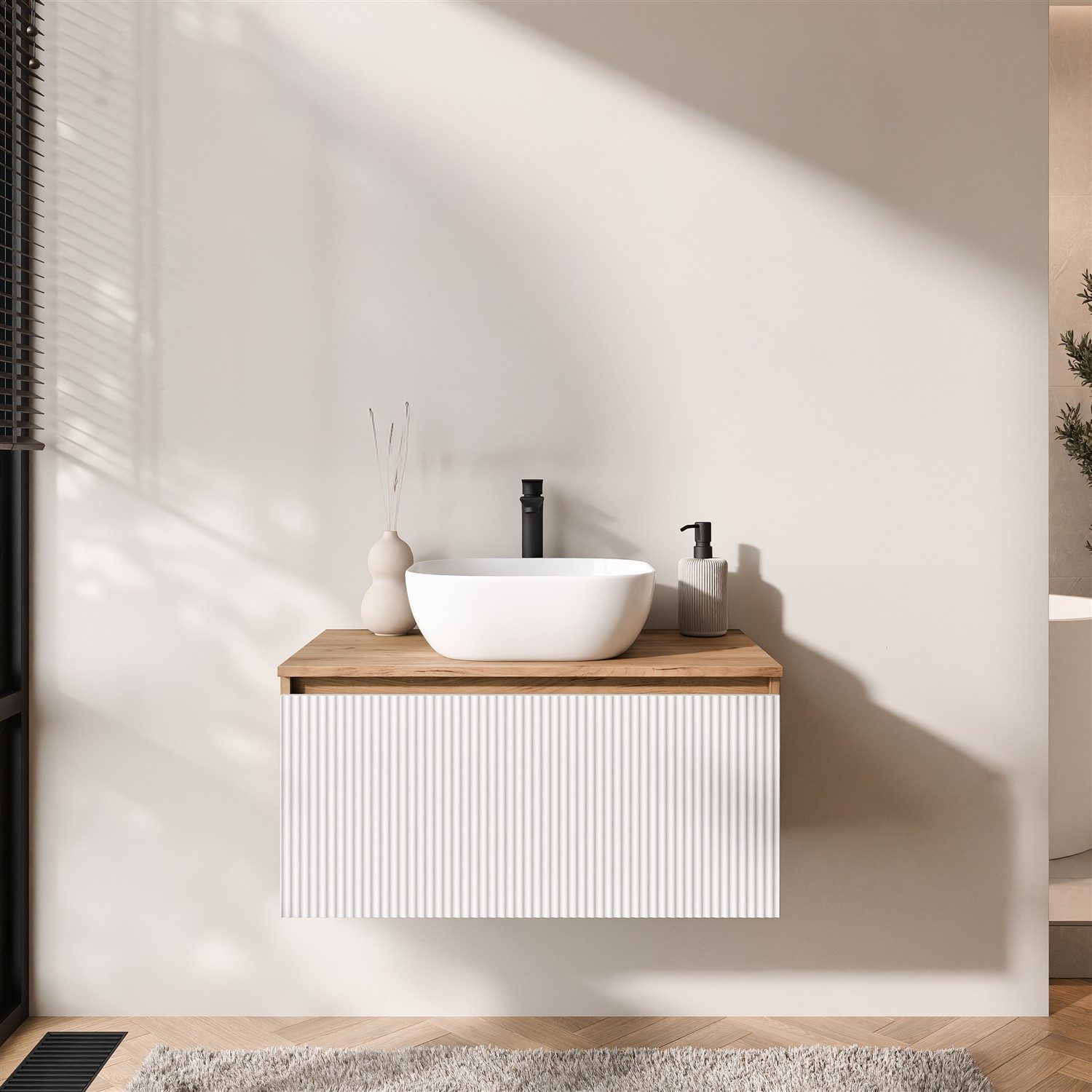 Planetmöbel Waschtisch-Set Arisa 2 teilig, Waschtisch mit Unterschrank 80 cm, Waschbecken 42 cm, (Waschtischunterschrank hängend für Gäste WC & Bad, weiß geriffelt, Badmöbel Set mit Waschbecken 42 cm weiß), Schublade mit Soft-Close Funktion