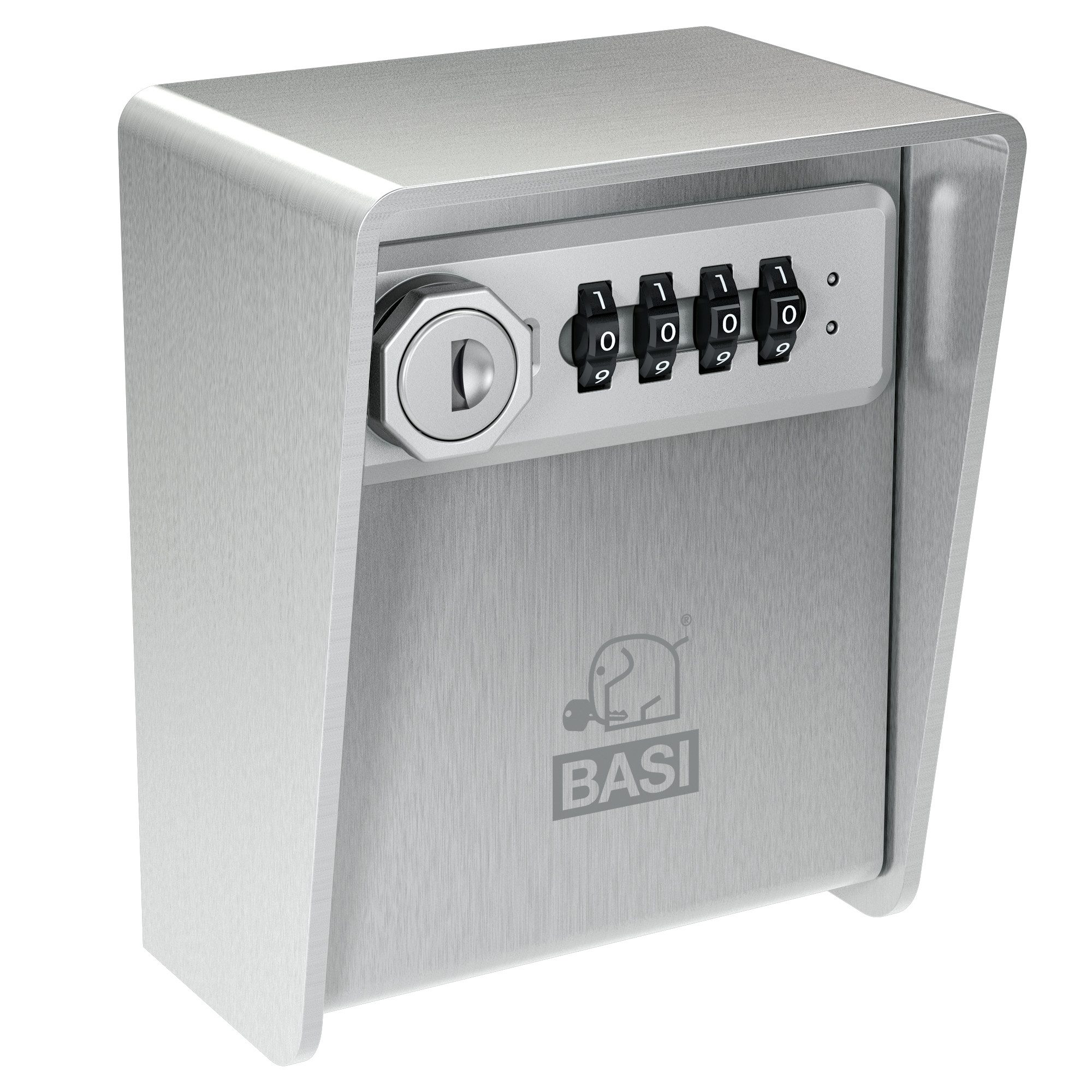 BASI Tresor Schlüsselsafe, aus Edelstahl, H12,2xB9,7xT7,0 cm (Packung), mit 4-stelligem Zahlenschloss, 1 Notschlüssel, 2 Schlüsselhaken