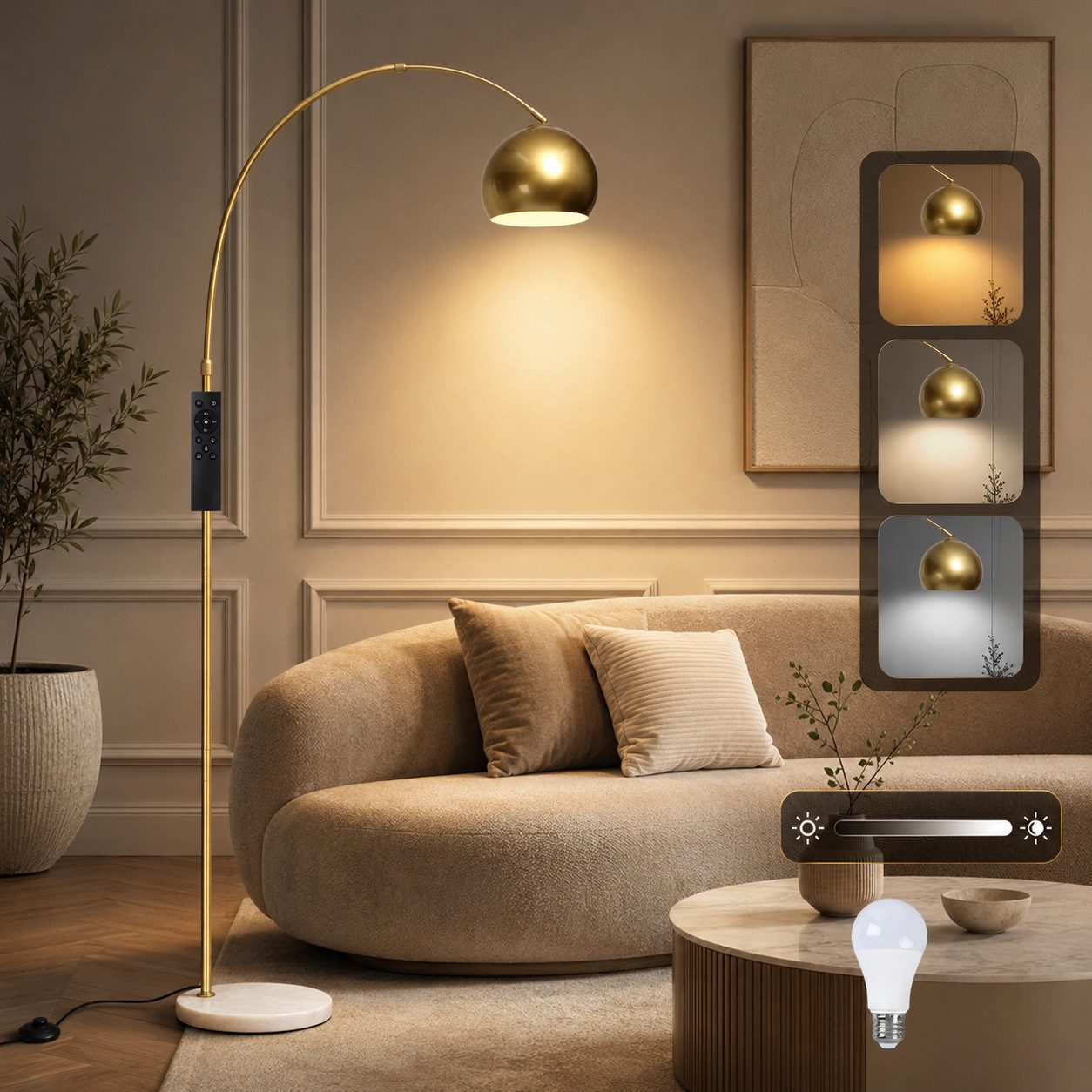 Sunicol Stehlampe Wohnzimmer Stehlampe dimmbar mit Fernbedienung & Glühbirne, Timer, Verstellbarem Metallschirm und Marmorsockel für Schlafzimmer