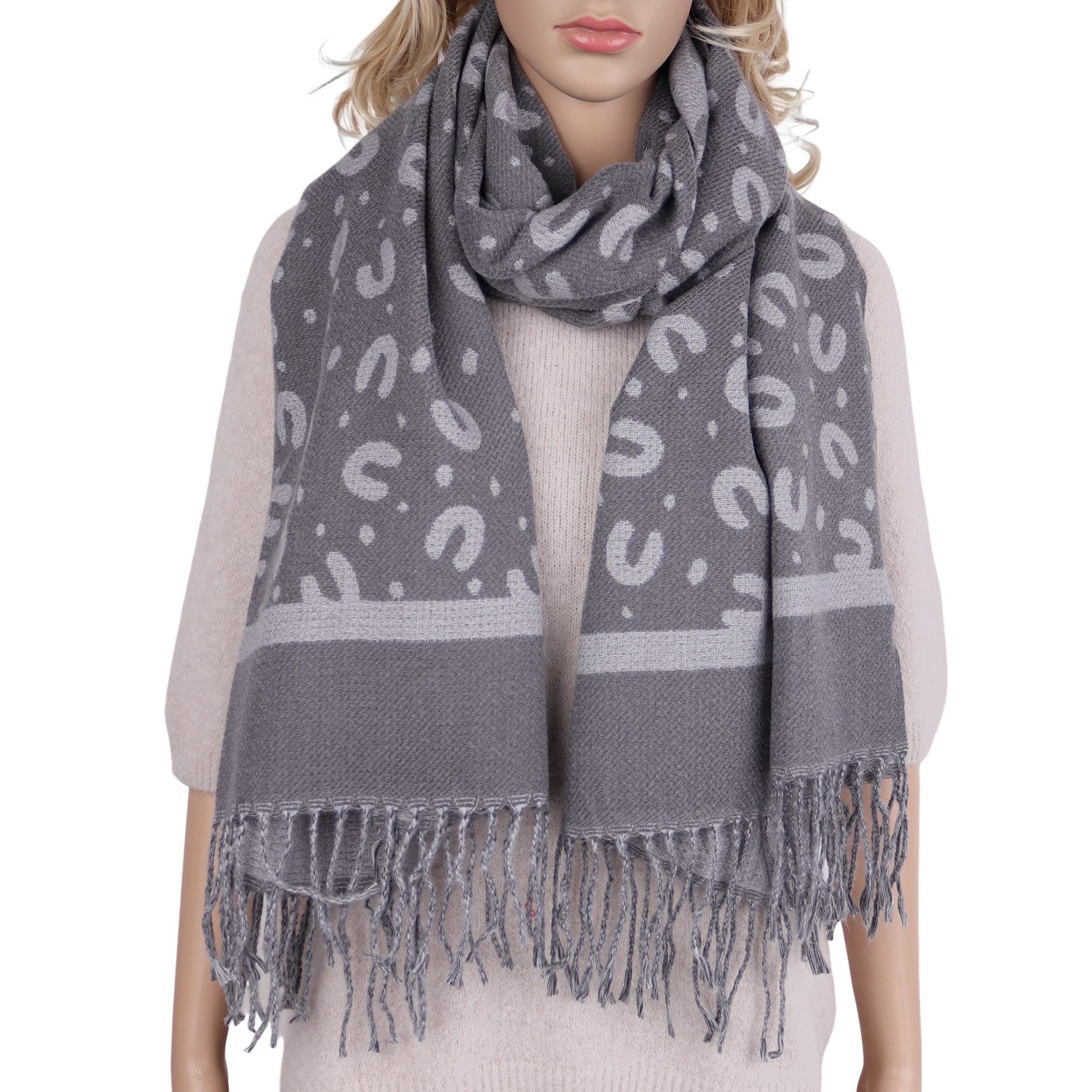 Modeschal weicher und warmer Schal Leomuster mit Fransen, 65x180cm
