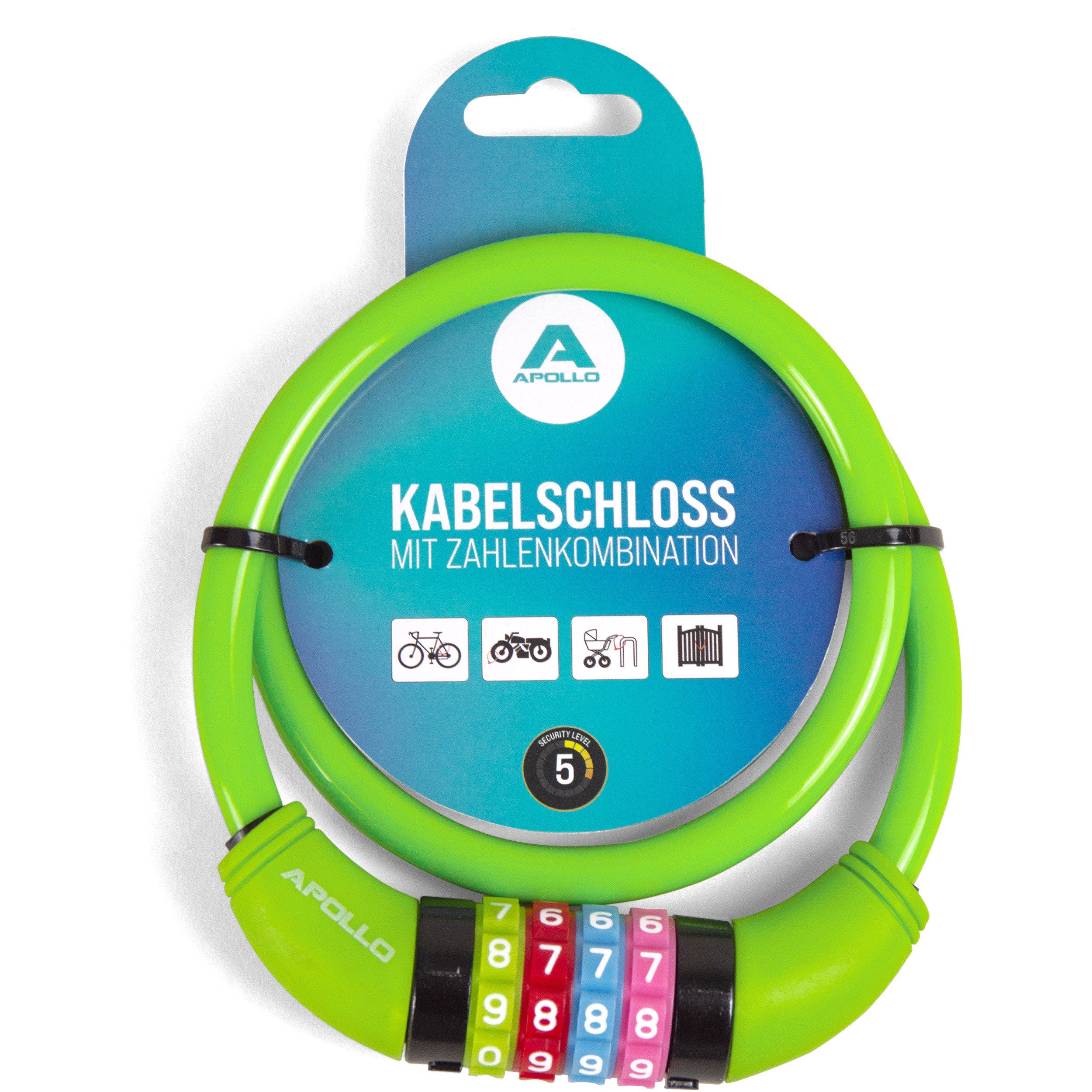 Apollo Zahlenkabelschloss Kinder Fahrradschloss – Zahlenschloss - auch für Scooter und Laufräder, 65 cm Länge, 300 g, 10.000 Kombinationen