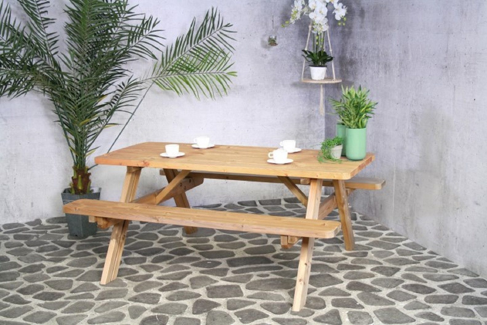 SenS-Line Garten-Essgruppe Picknick Set Gartenmöbel Gruppe Oslo Holz Bierzelt Garnitur klappbar, (Spar-Set, 3-tlg., 1 Tisch + 2 klappbare Bänke), 1 Tisch mit 2 klappbaren Bänken / wetterfest / langlebig