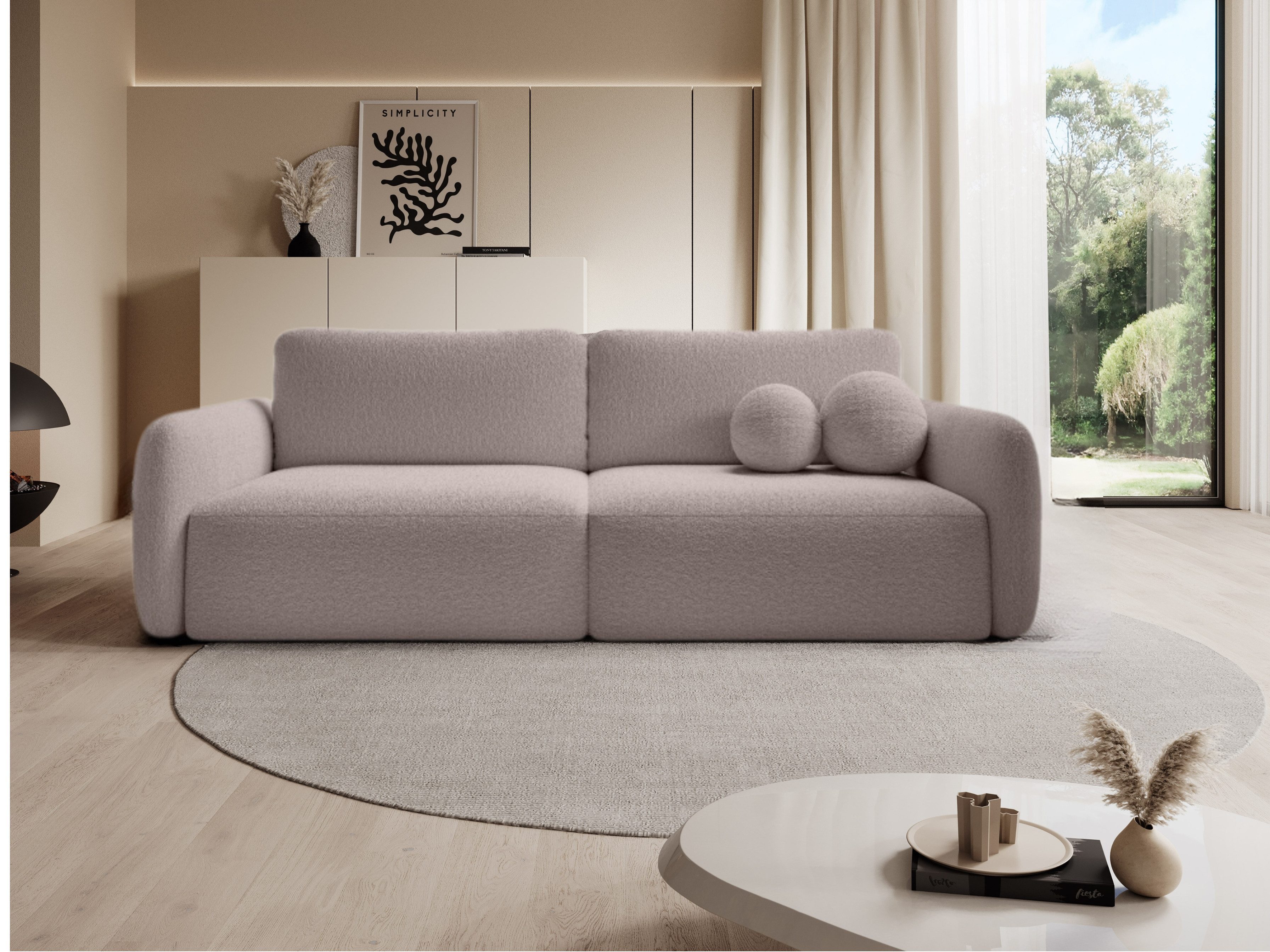 Goldstoff Schlafsofa Boo mit Bouclé-Stoff Designer Couch - modernes Sofa, Dekorative runde Kissen, ausziehbare Liegefläche