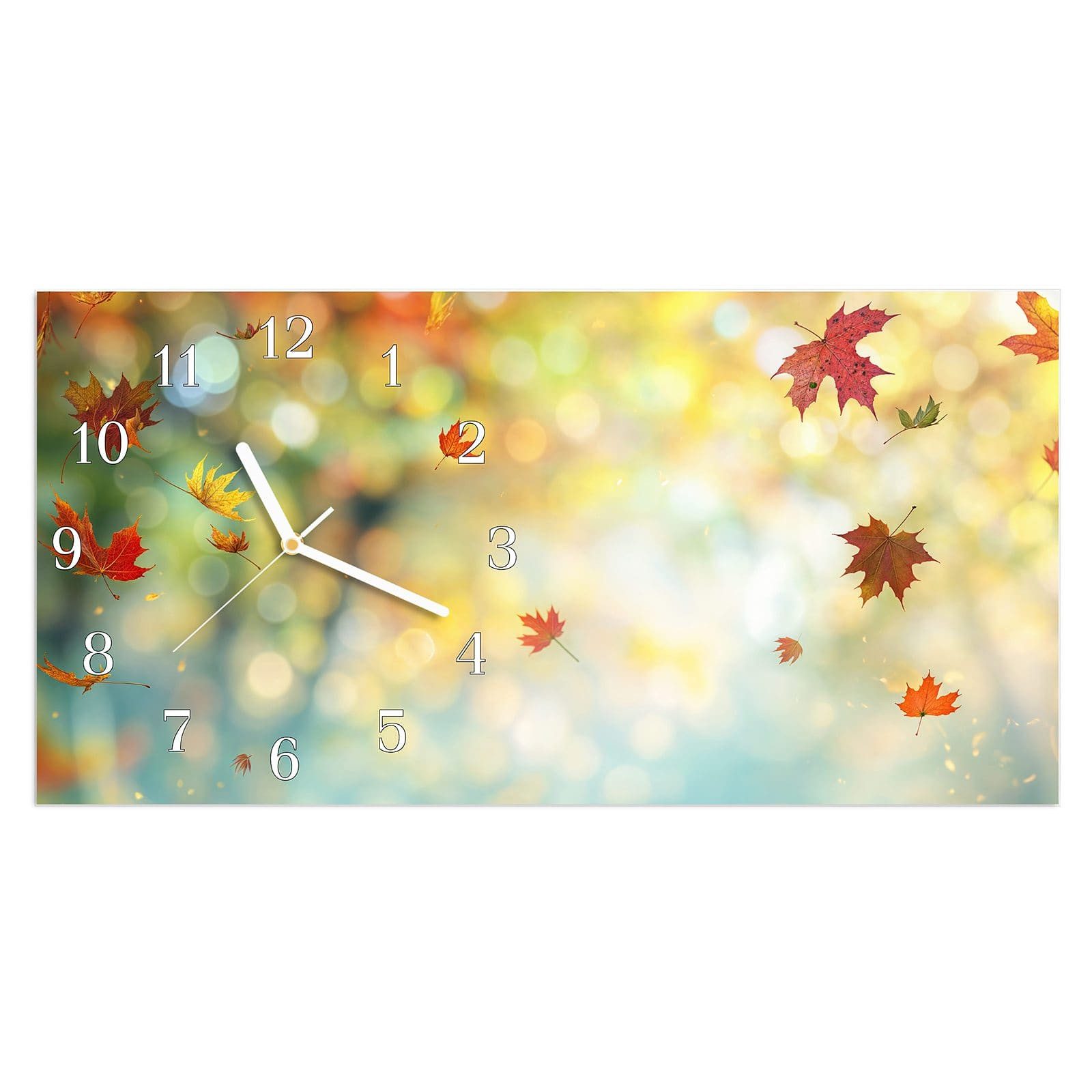Wanduhr Glasuhr Wandkunst Größe 60 x 30 cm mit Motiv Herbstlaub Wald