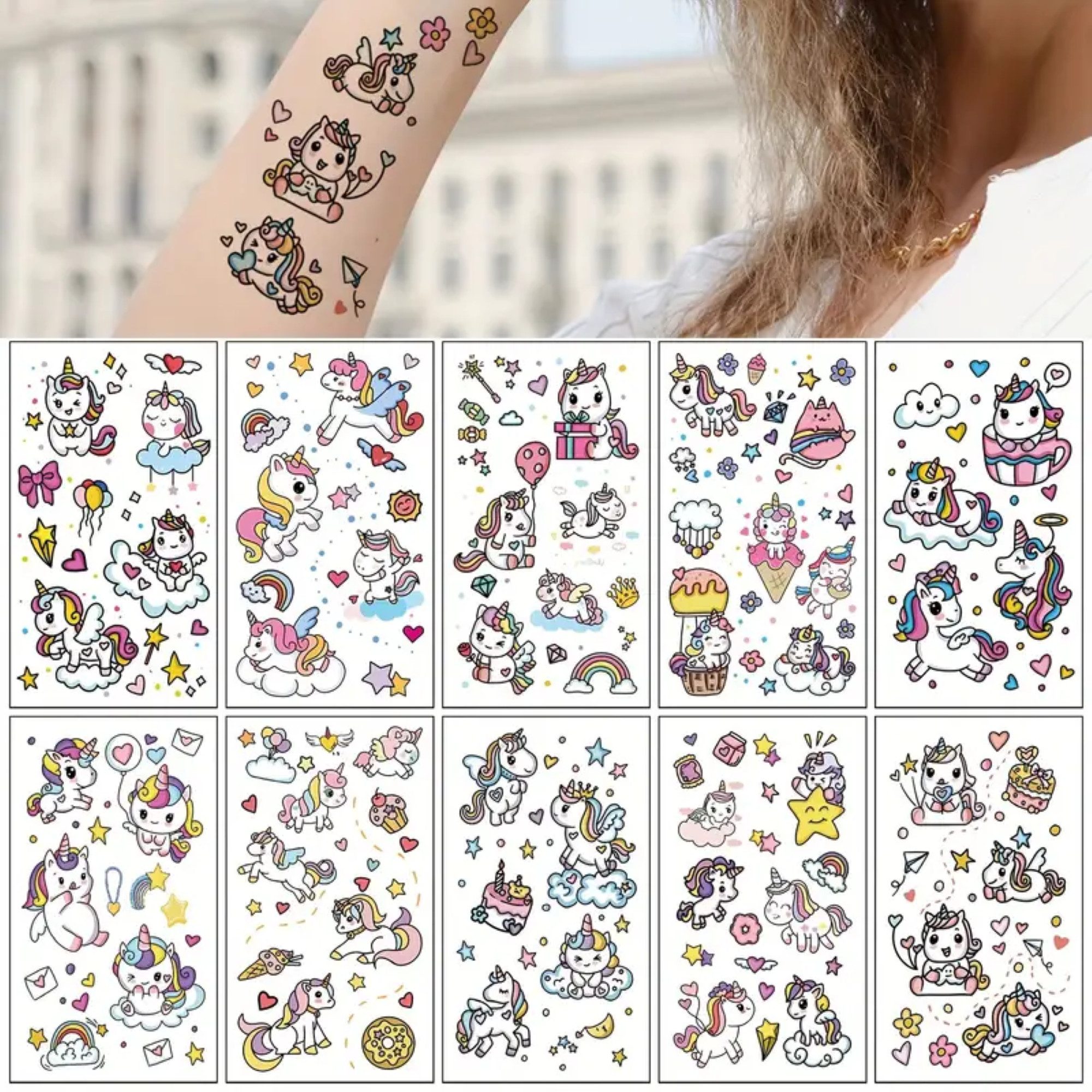 Montegoni Kindertattoo Einhorn Tattoos Mädchen,10 Blätter,270 Einhorn Tattoo Kinder, Temporäre Tattoos, Kindertattoos Mädchen, Hautfreundlich,Kindergeburtstag,Gastgeschenke für Mädchen