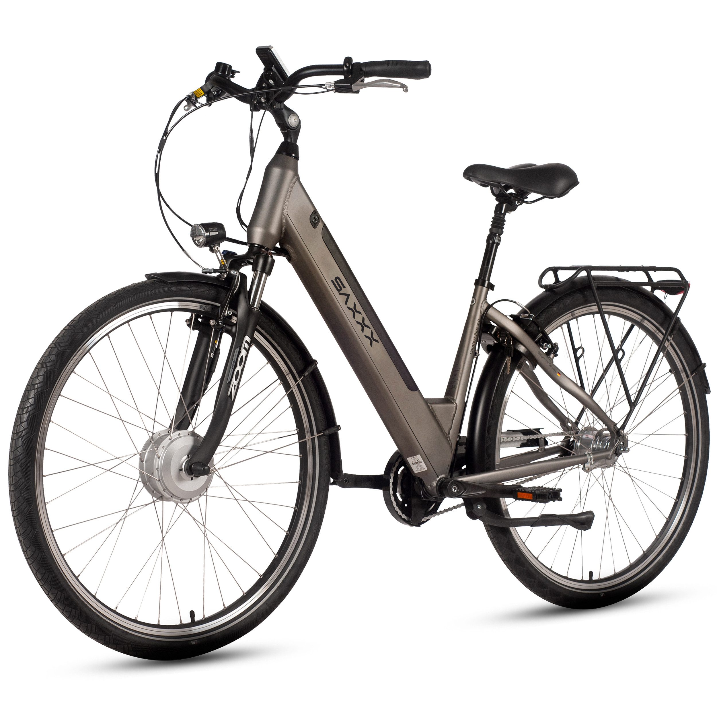 SAXXX E-Bike Cityrad 28 Zoll, max.90km, Federsattelstütze, Federgabel mit Lockout, V-Bremse, 7 Gang Shimano NEXUS Schaltwerk, Nabenschaltung, Frontmotor, 418 Wh, 5 Stufen, max. 130 kg, Pedelec, Elektrofahrrad für Damen und Herren