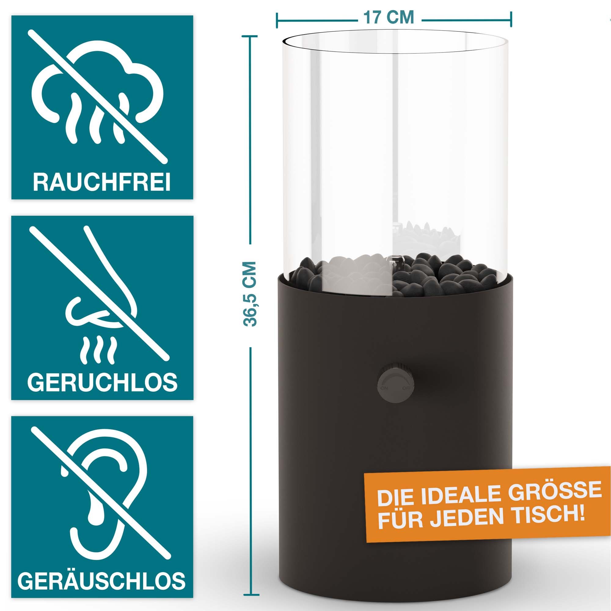 TOM Tischfeuer Tischkamin mit Gas mit 3x 190g Gas-Kartuschen, 12h Brenndauer, Dekosteine, Rund, Outdoor, Indoor