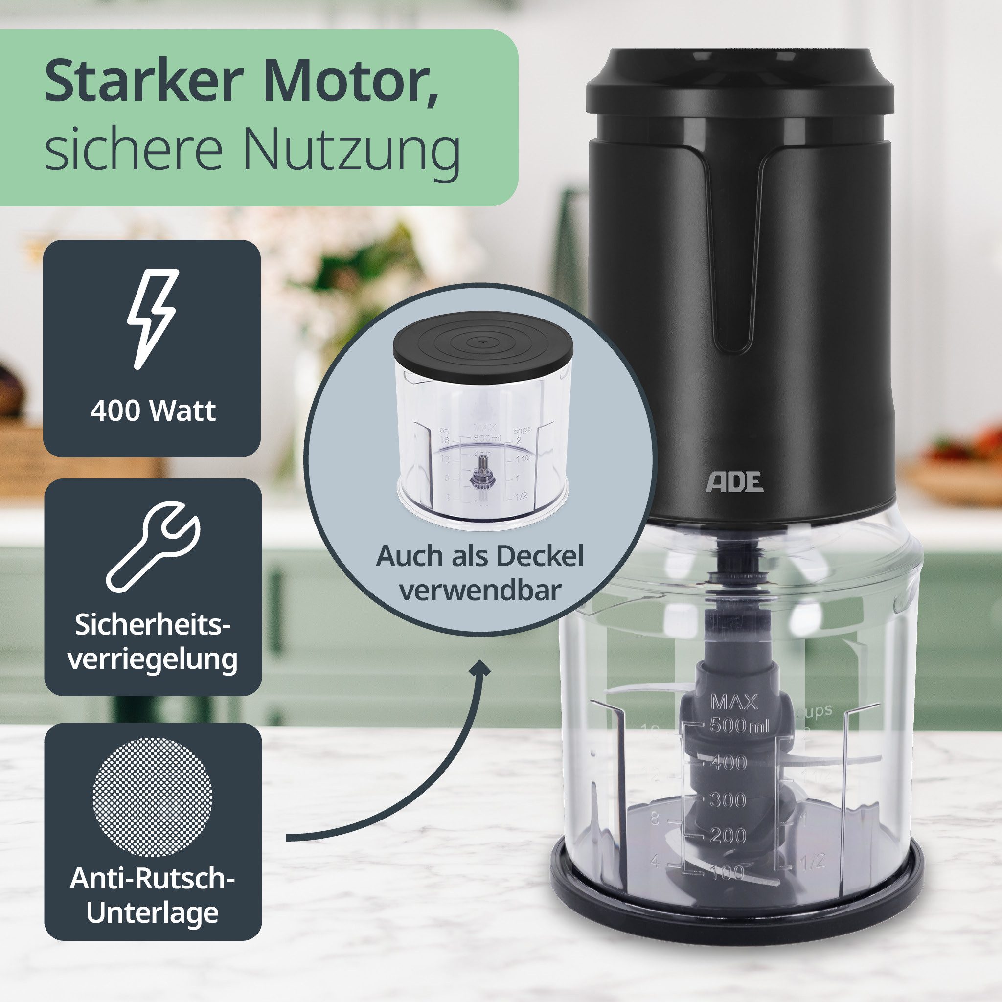 ADE Zerkleinerer Küche elektrisch, Gemüse- und Zwiebelschneider, 400 W, 4 scharfe Edelstahlklingen, 500 ml Kapazität