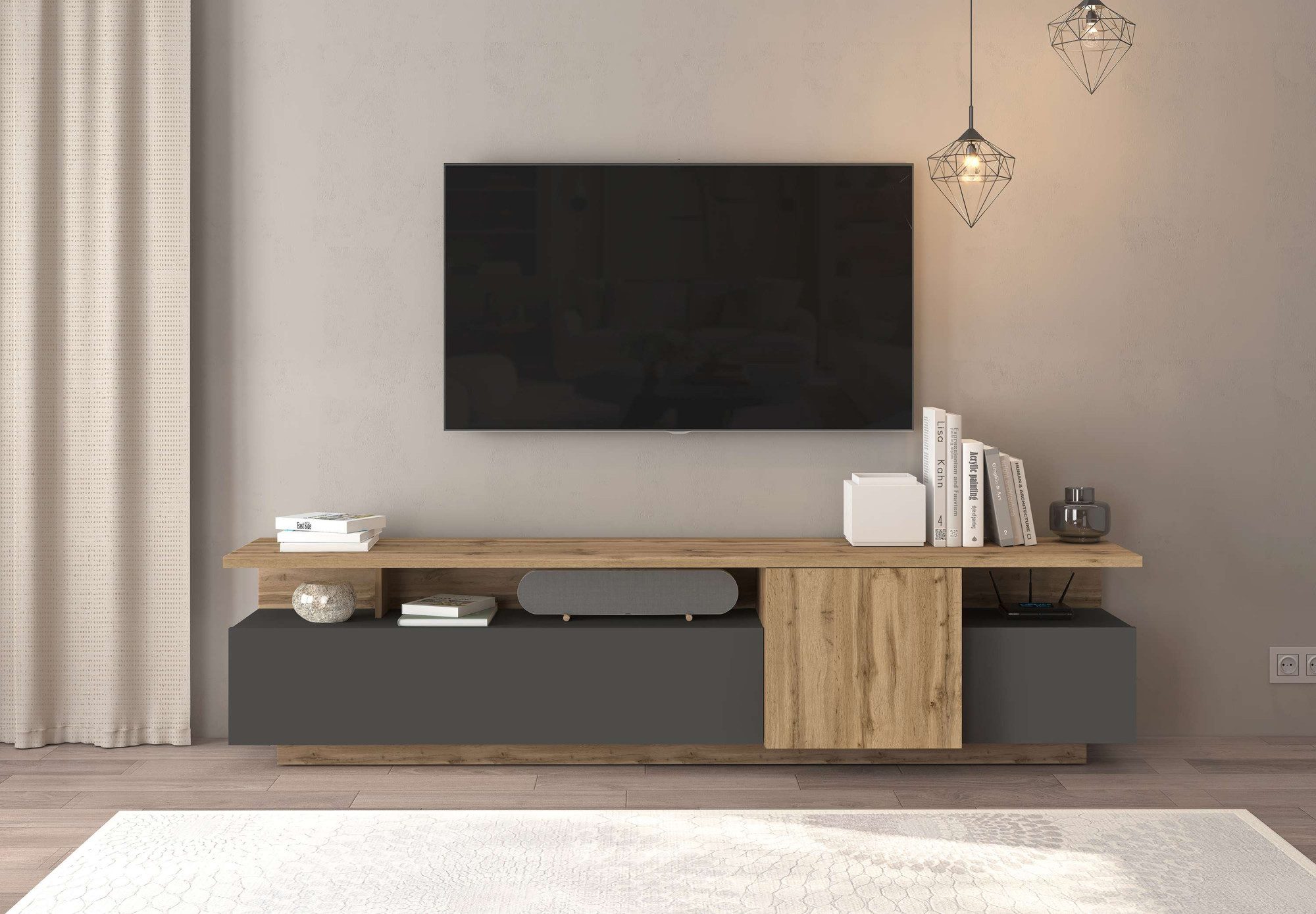 OTTO home Lowboard Lowboard ETHOS,Lowboard,TV-Kommode,TV-Möbel,TV-Bank (1 St), Mit zwei Drehtüren, einer Klapptür und zwei offenen Fächern,B.210 cm
