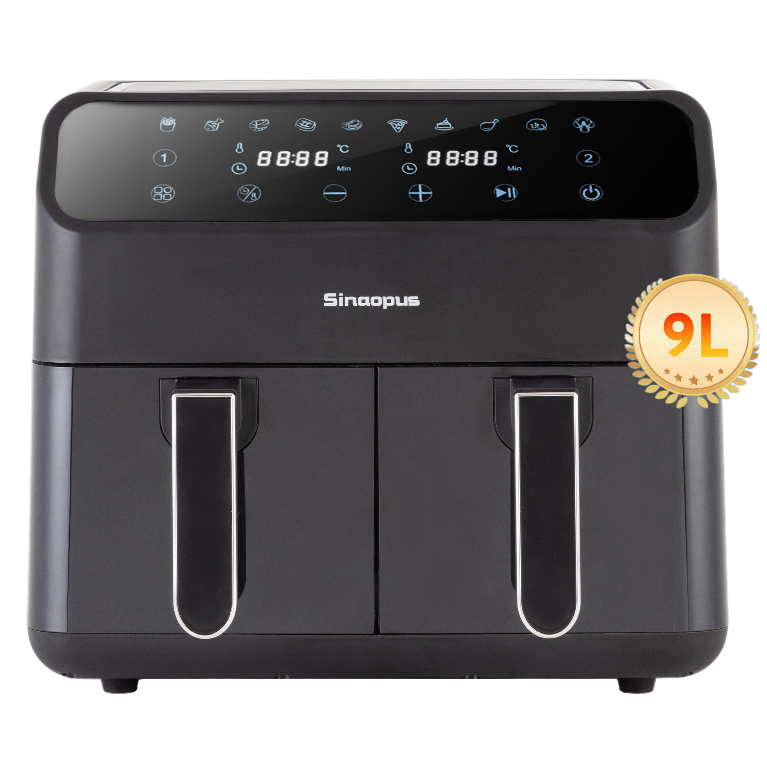 TAB Heißluftfritteuse gesunde Fritteuse 901A Heissluftfritteuse mit Doppelkammer, XL, 2000,00 W, 9L Kapazität, mit LED-Touchscreen und transparentem Sichtfenster