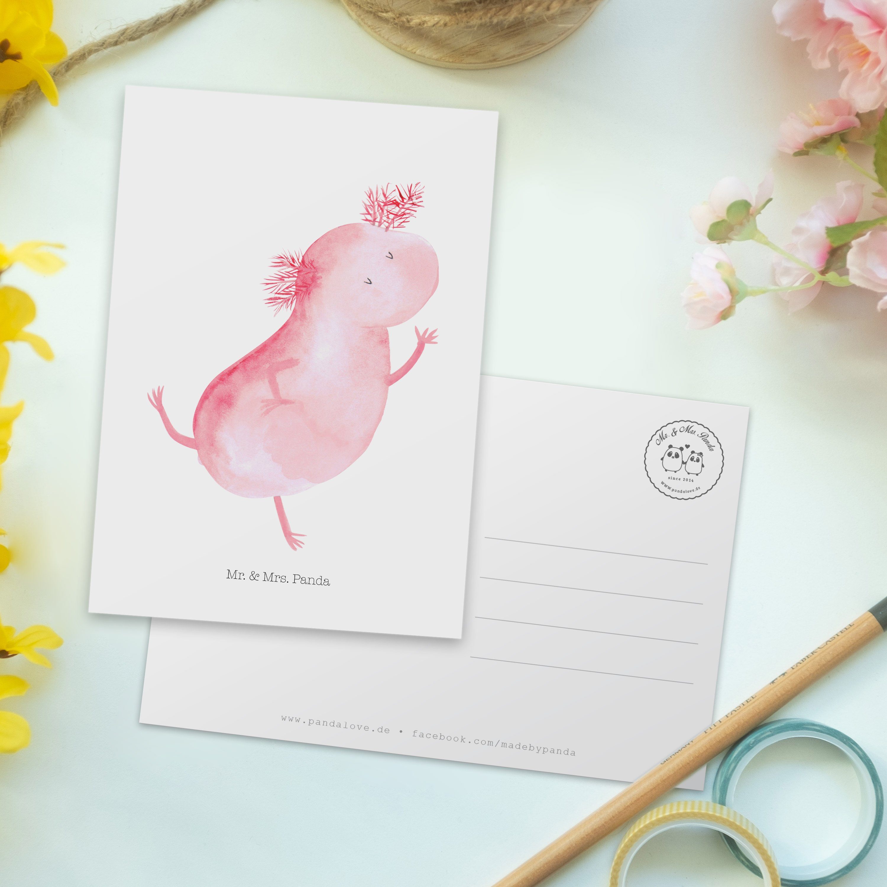 Mr. Postkarte Hüpfen & - Axolotl Weiß Freudig, Panda Tanzen, Geschenk, tanzt Dachschaden, Mrs. -