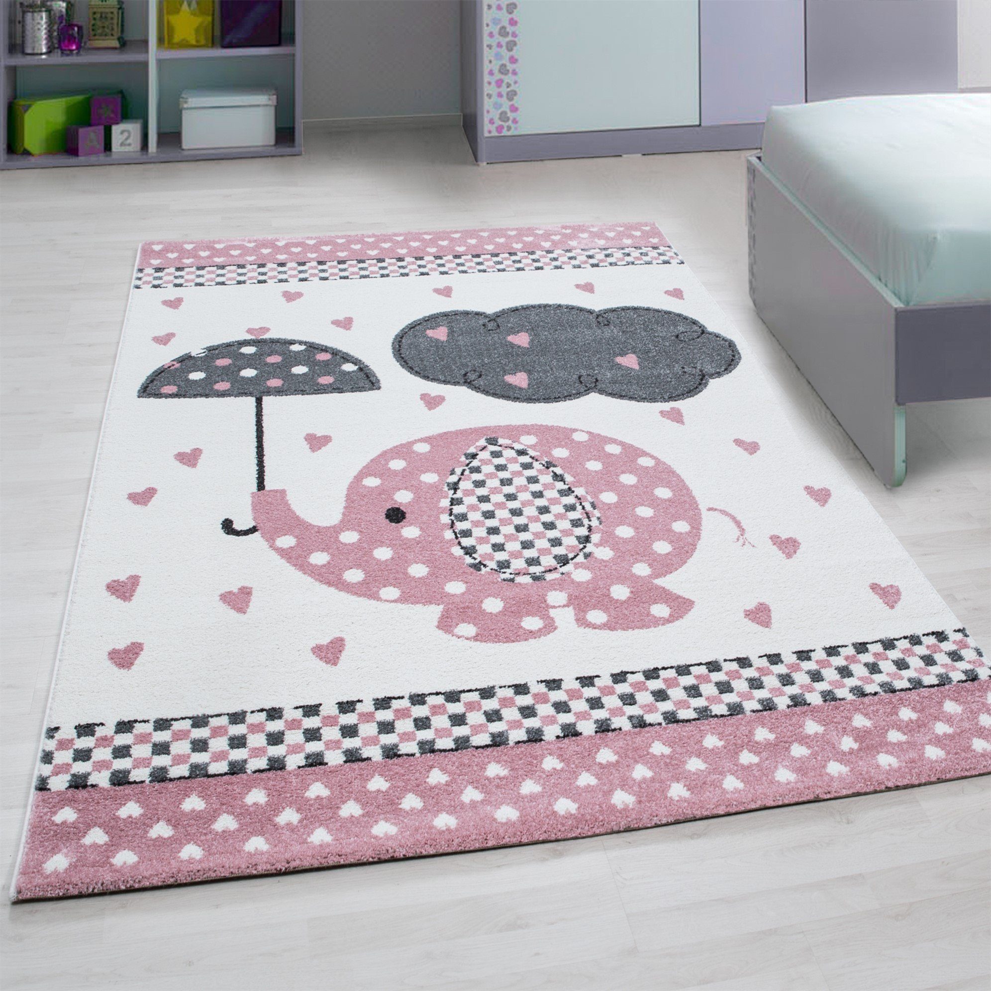 Kinderteppich Kinderzimmer Kurzflorteppich Elefanten Flachflor Kinderteppich, Miovani Pink