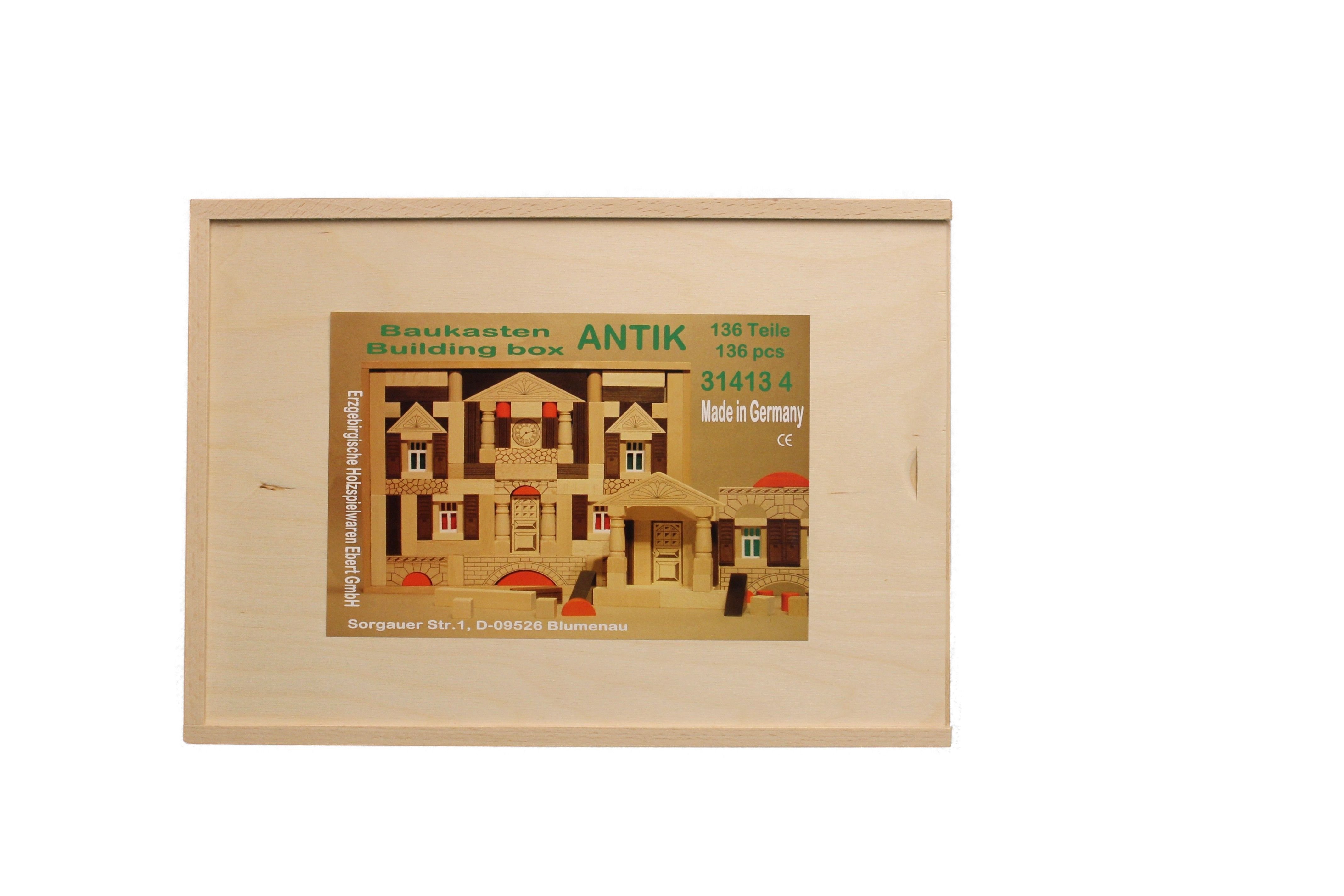 Erzgebirgische Holzspielwaren Ebert GmbH Holzspielzeug Baukasten Antik 136 Teile BxHxT 37x27x5cm NEU Holzbaukasten