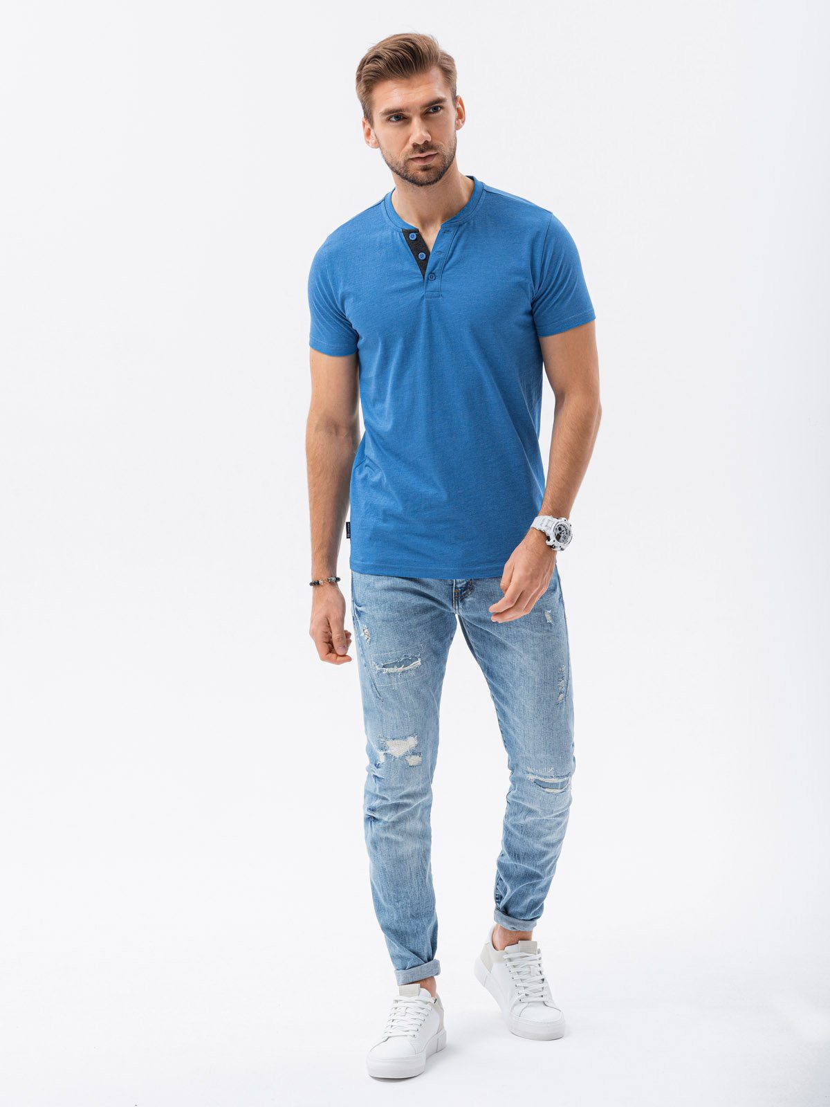 OMBRE T-Shirt Unifarbenes Herren-T-Shirt meliert blau S1390 S 