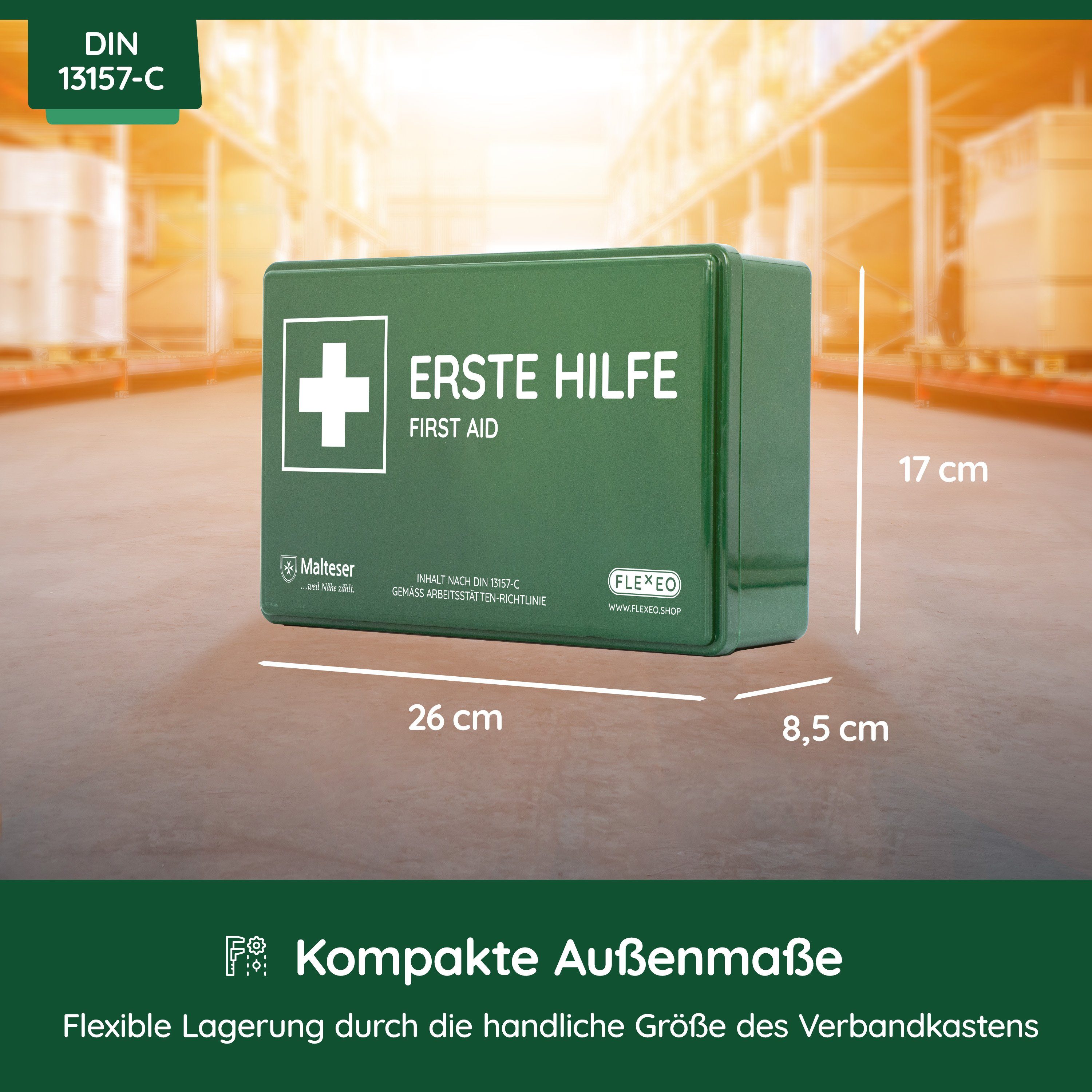 FLEXEO Erste-Hilfe-Koffer DIN 13157, (1 St), Betriebsverbandkasten inkl. Wandhalterung, grün