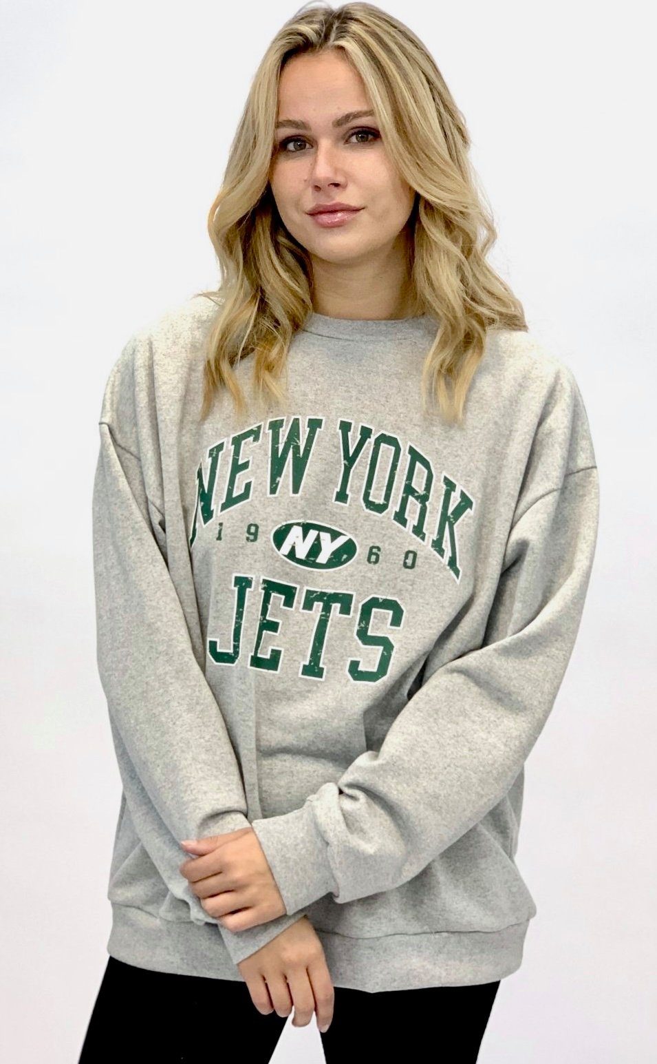 Worldclassca Longsweatshirt Worldclassca Damen Oversized Sweatshirt Sweater Shirt Bedruckt NEW YORK JETS College Freizeit Langarmshirt Oberteil Pullover