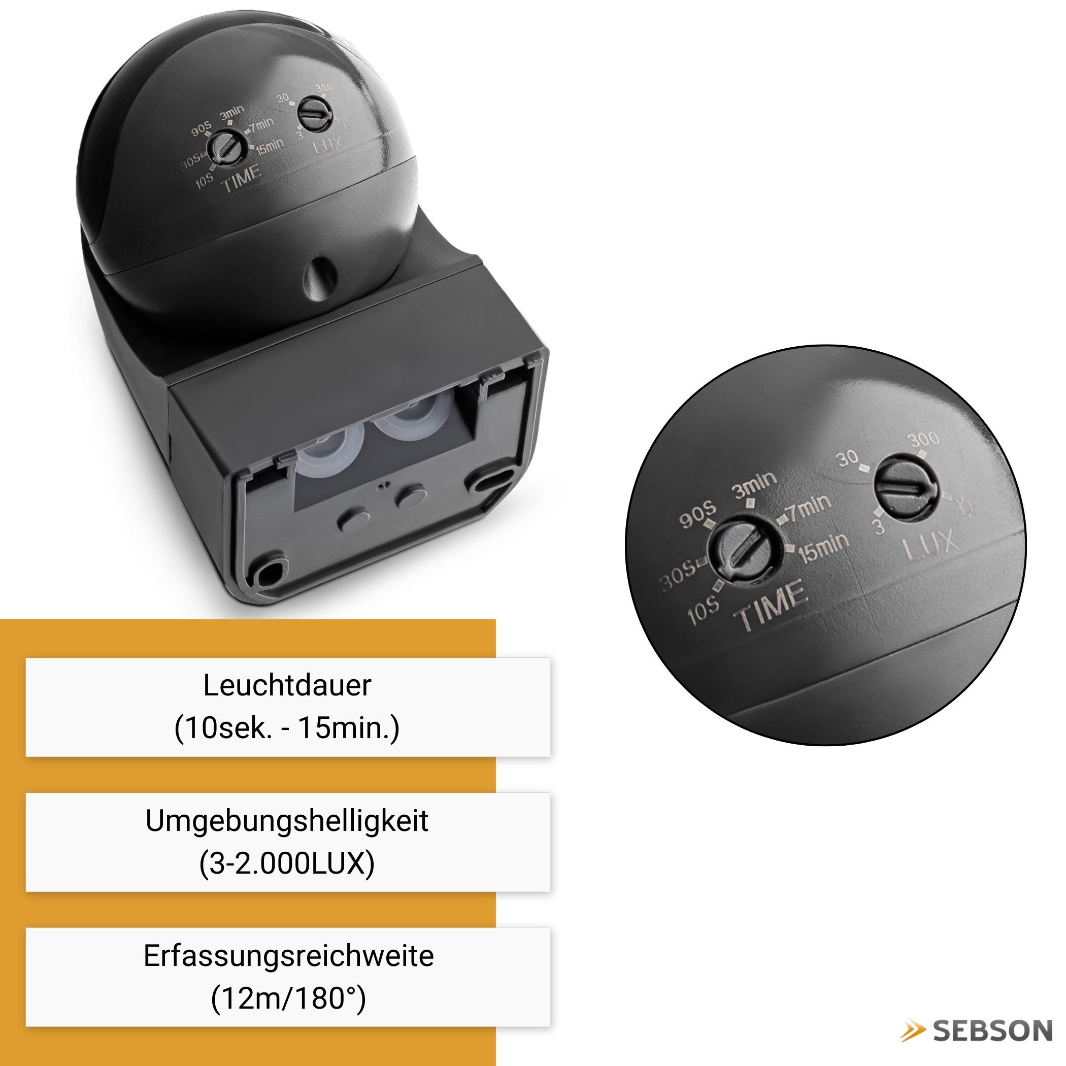 SEBSON Bewegungsmelder Infrarot Sensor Außen IP44 Aufputz Wand Anthrazit 12m 180° Winkel, (1-St), Wandmontage, schwenkbar, programmierbar, LED geeignet 400W, 3 Draht