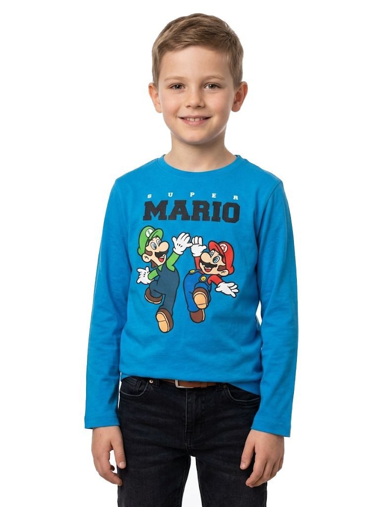 Super Mario Langarmshirt Super Mario Jungen Langarmshirt Longsleeve Blau Beige Gr. 110-152 Super Mario Kinder Langarm Shirt