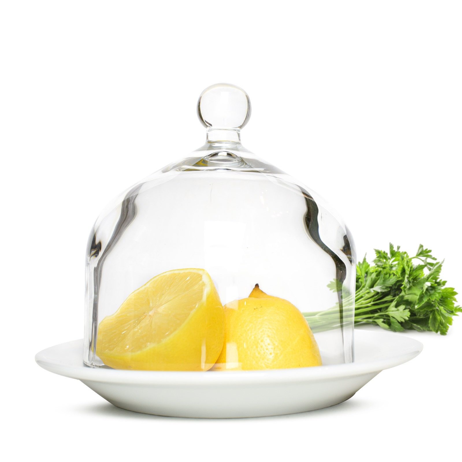 Käseglocke Glashaube mit Porzellanteller Glasglocke Zitronenglocke Dekoglocke