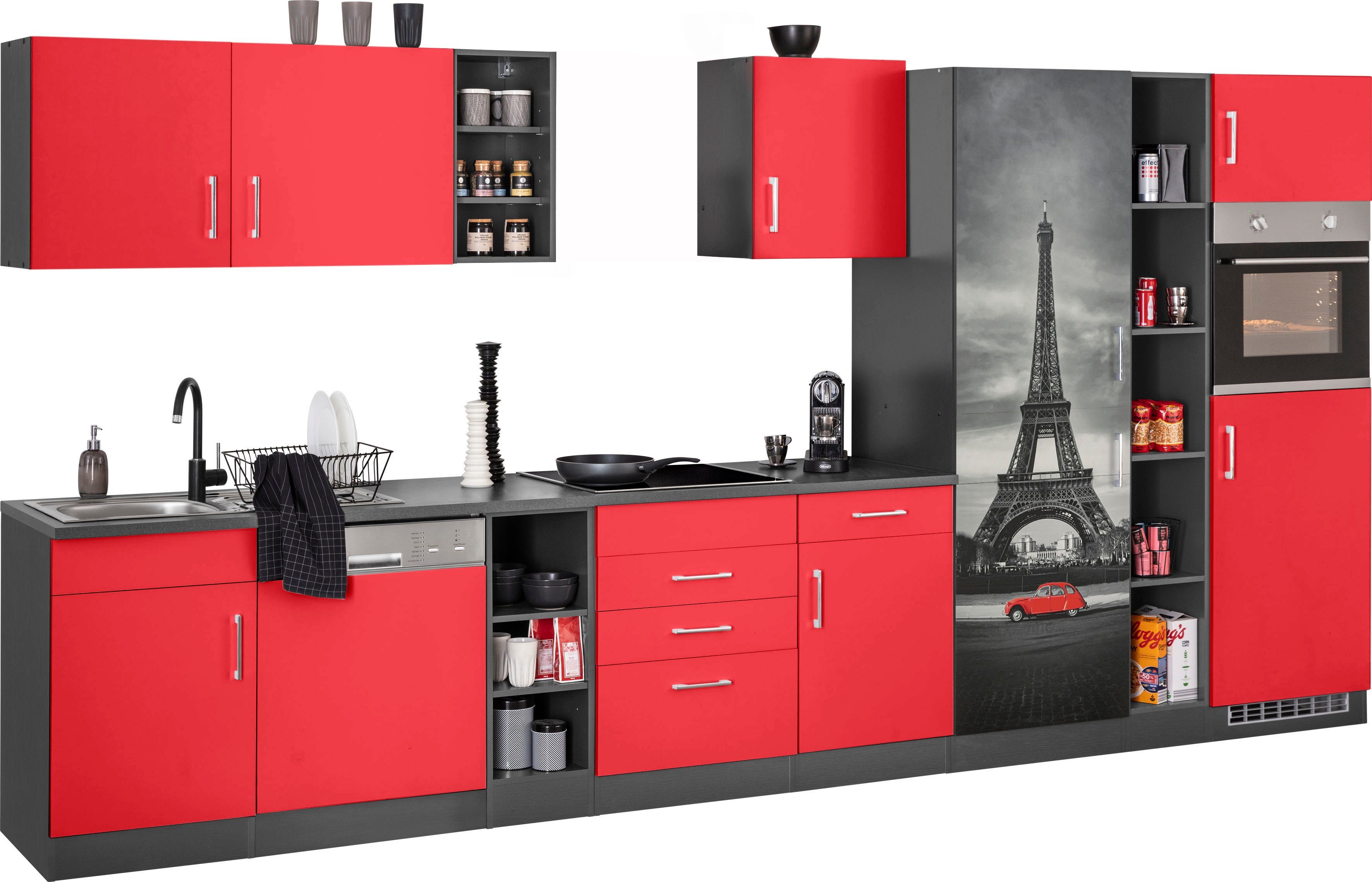 KOCHSTATION Küchenzeile KS-Paris – Küchen mit einzigartigen Fotomotiven auf den Fronten, Breite 400 cm, wahlweise mit E-Geräten und Induktion