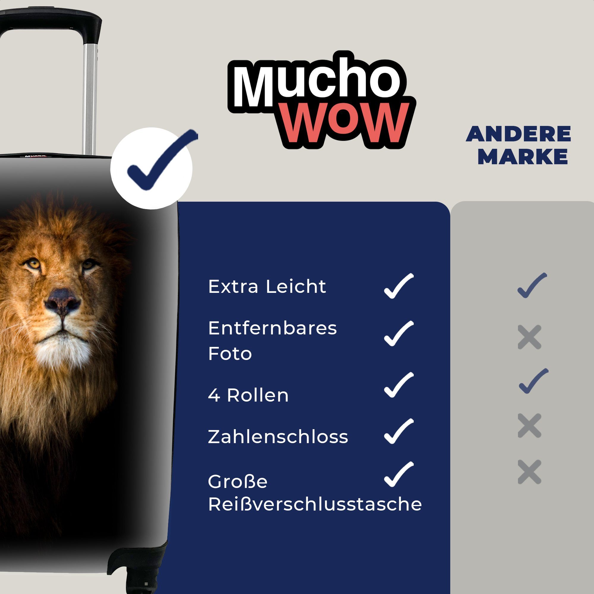 MuchoWow Handgepäckkoffer Löwe - Licht Trolley, für Porträt, Reisekoffer Ferien, rollen, Schwarz Reisetasche - 4 mit Handgepäck - Rollen