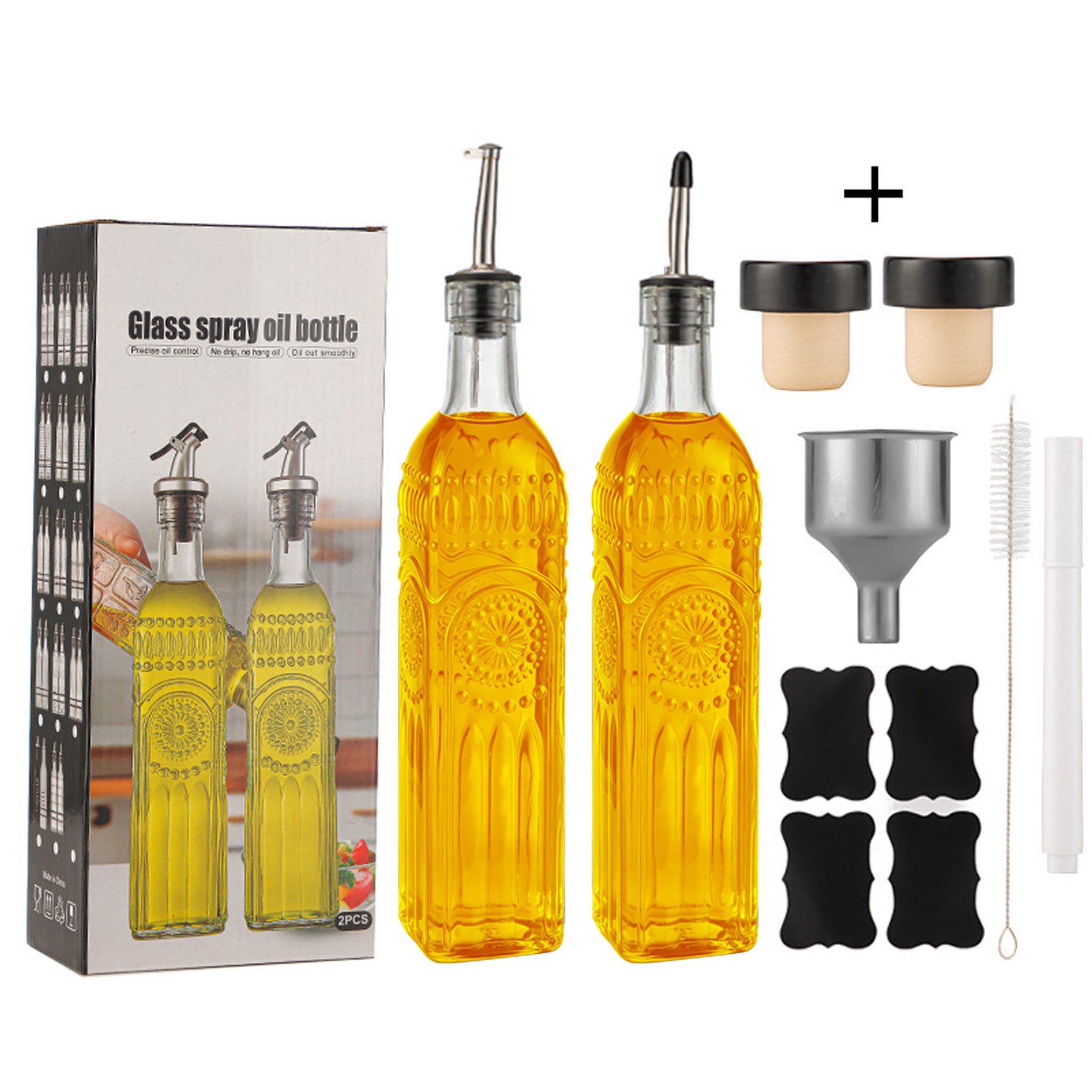Mutig Ölspender Ölflasche, 2 Packung mit 500ML Essig und Ölspender Set mit Trichter, (Olivenöl Flasche Essig und Ölflaschen Set, 17OZ Ölflasche, mit Trichter, Antifouling-Abdeckung, Etikett, Edelstahl-Ausgießern), für Küche BBQ, ideal zum Halten von Öl, Essig, Sojasauce, Kochwein