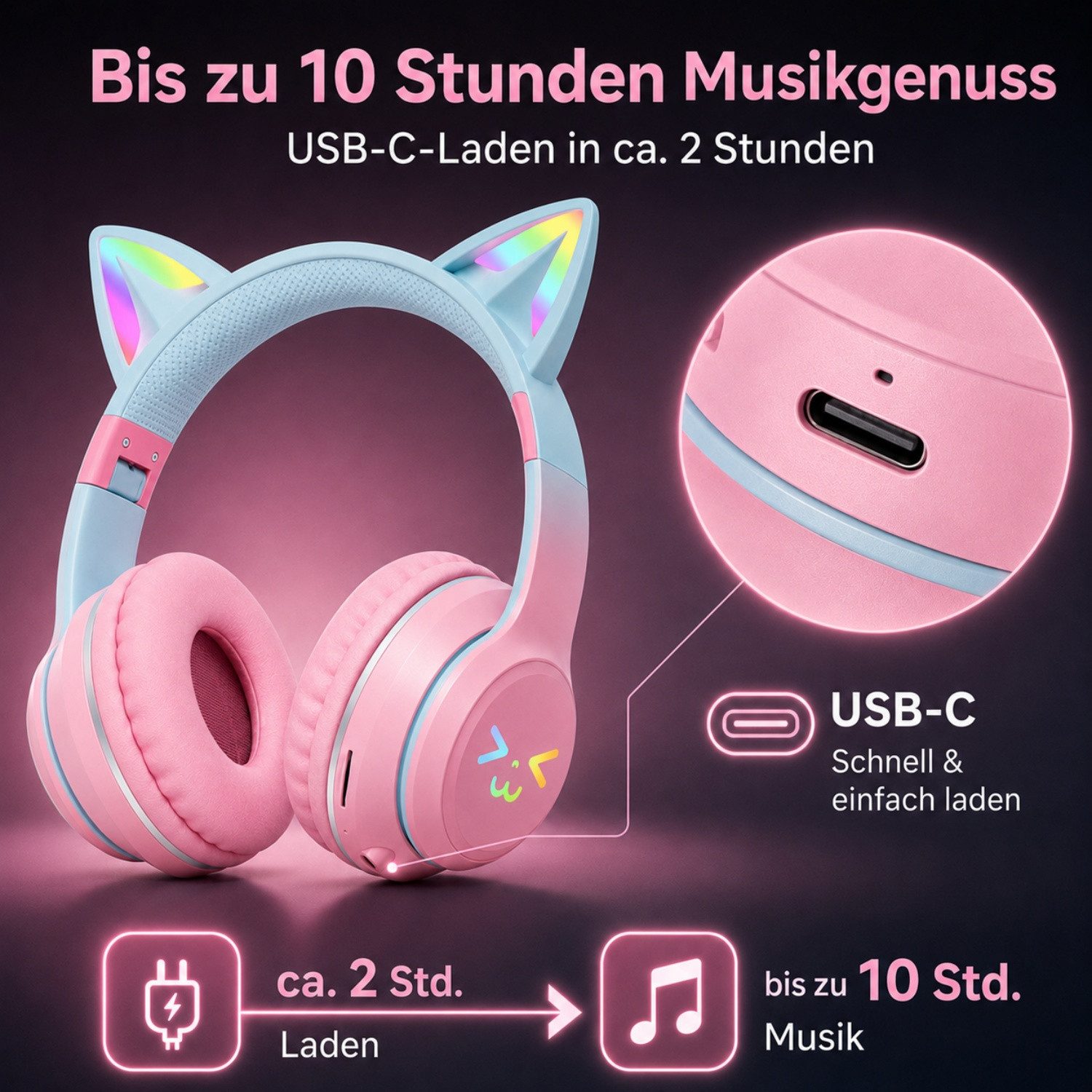 ANYSUN Bluetooth Kopfhörer,RGB-LED-Leuchten,Bluetooth 5.1,HiFi Sound, Over-Ear-Kopfhörer (Bluetooth, 60dB Rauschunterdrückung,Einstellbar,Kopfhörer Bluetooth für Reise)