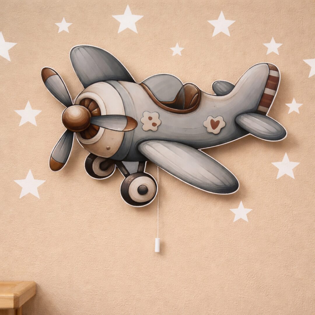 COZYCOLLECTIONS LED Wandleuchte Vintage Flugzeug LED-Nachtlicht Grau Braun, LED, Warmweiß, Montessori: sanftes Licht fördert Ruhe & selbstständige Schlafroutine