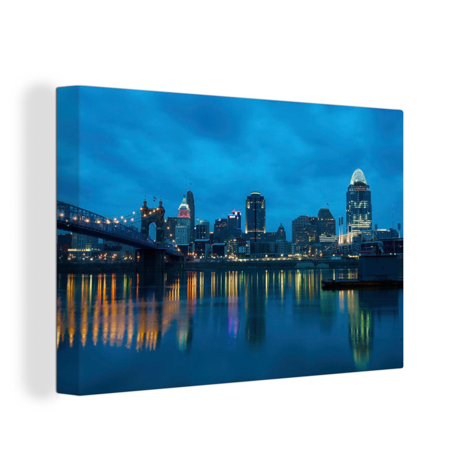 OneMillionCanvasses® Leinwandbild Die Stadtsilhouette von Cincinnati in Amerika kurz vor Sonnenaufgang, (1 St), Wandbild Leinwandbilder, Aufhängefertig, Wanddeko, 30x20 cm
