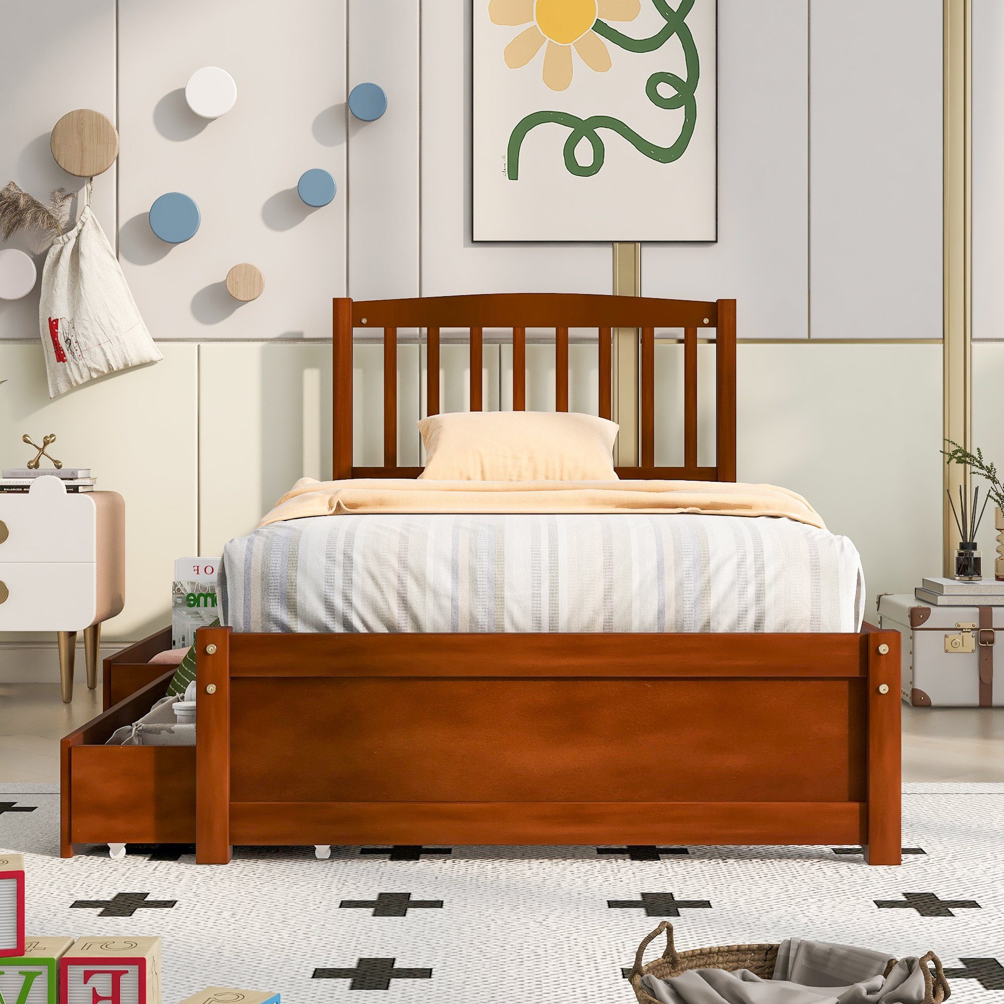 Massivholzbett (Einzelbett, mit 2 Schubladen, Lattenrost und Kopfteil), Kinderbett Jugendbett 90 x 200 cm, Kiefernholz