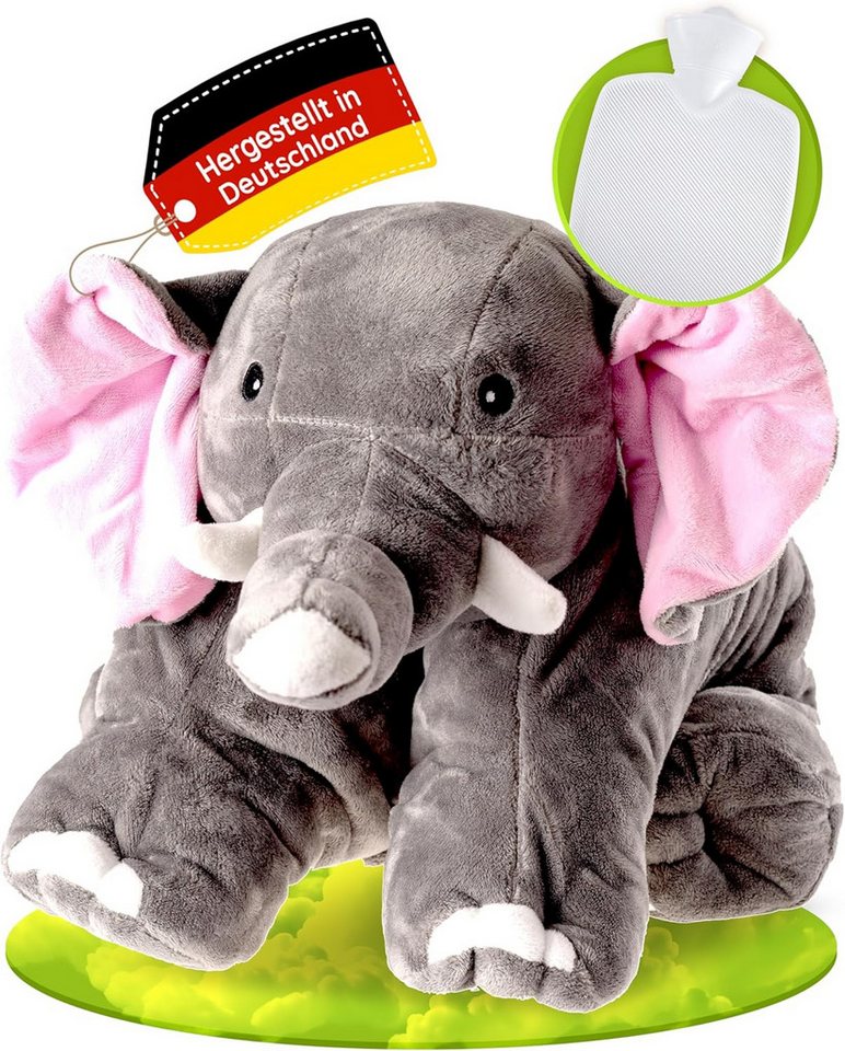 Hugo Frosch Wärmflasche Klassik 1,8 l Made in Germany mit Tier-Kuschelkissen, Elefant Grau - langlebige Bettflasche, waschbarer Überzug