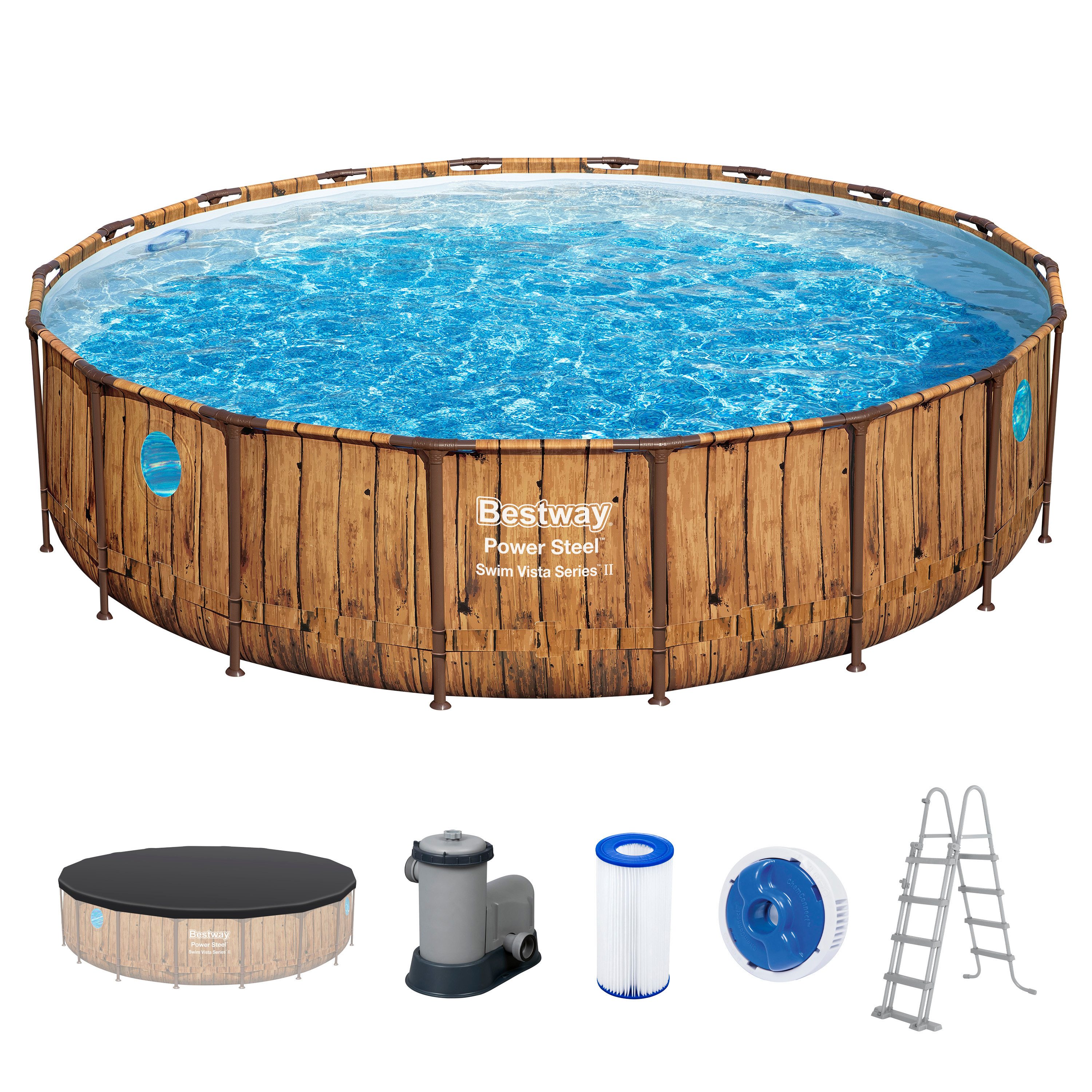 Bestway Framepool Power Steel™ Swim Vista Series™ (Set, Inkl. Filterpumpe, Sicherheitsleiter, Abdeckplane), Ø 549 x 122 cm