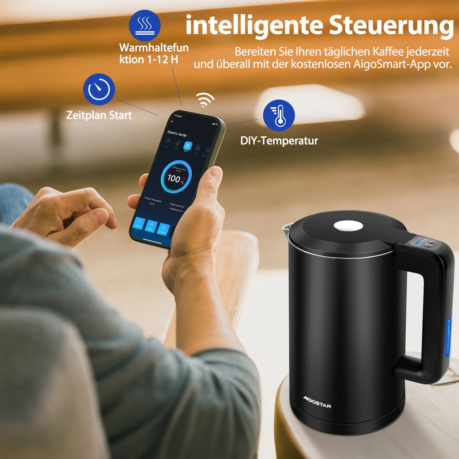 Aigostar Wasserkocher Smart Wasserkocher mit Temperatureinstellung 40°C-100°C, 1,7 L, 2200 W, Energieverbrauch im verbundenen Standby-Modus 0.626 W.