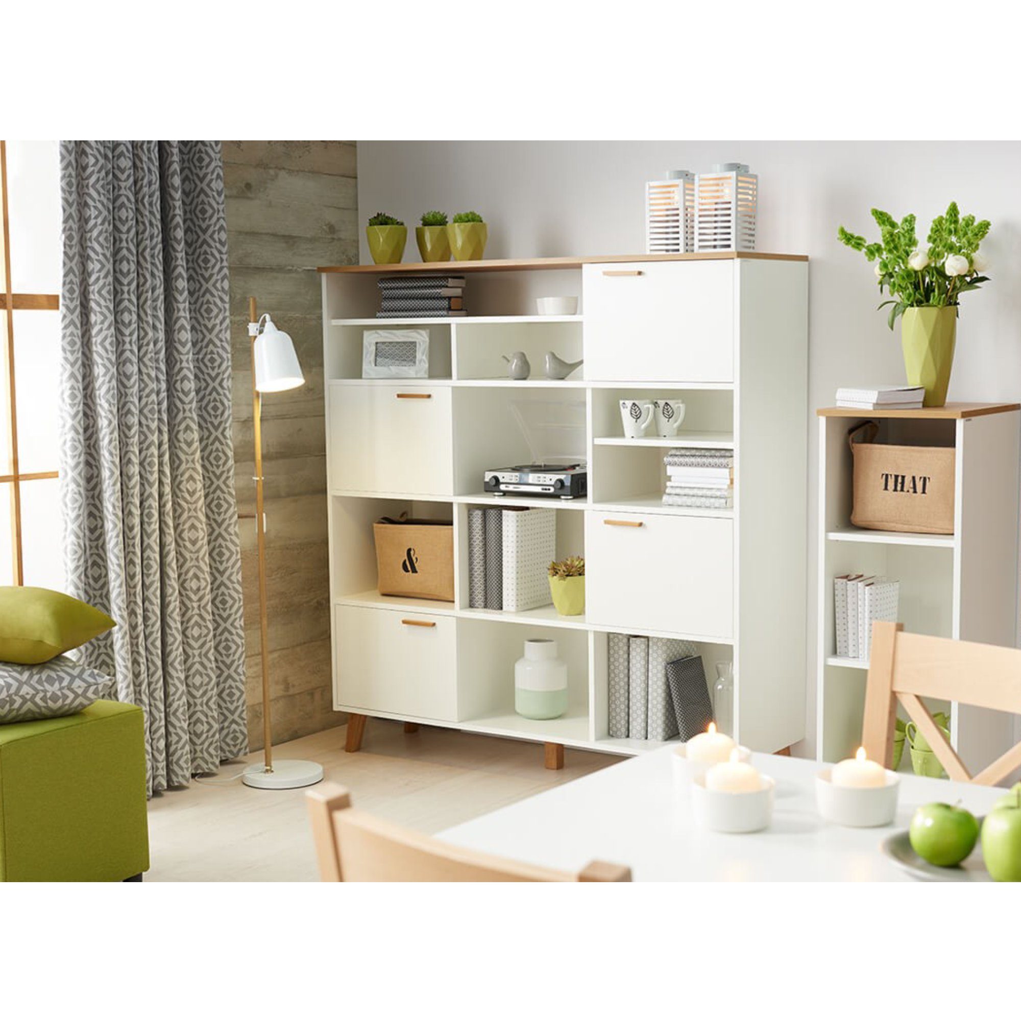 KONSIMO® Bücherregal FRISK Standregal Regalsystem Aktenregal, 8 Einlegeböden, 4 Türen, Skandinavischer Stil