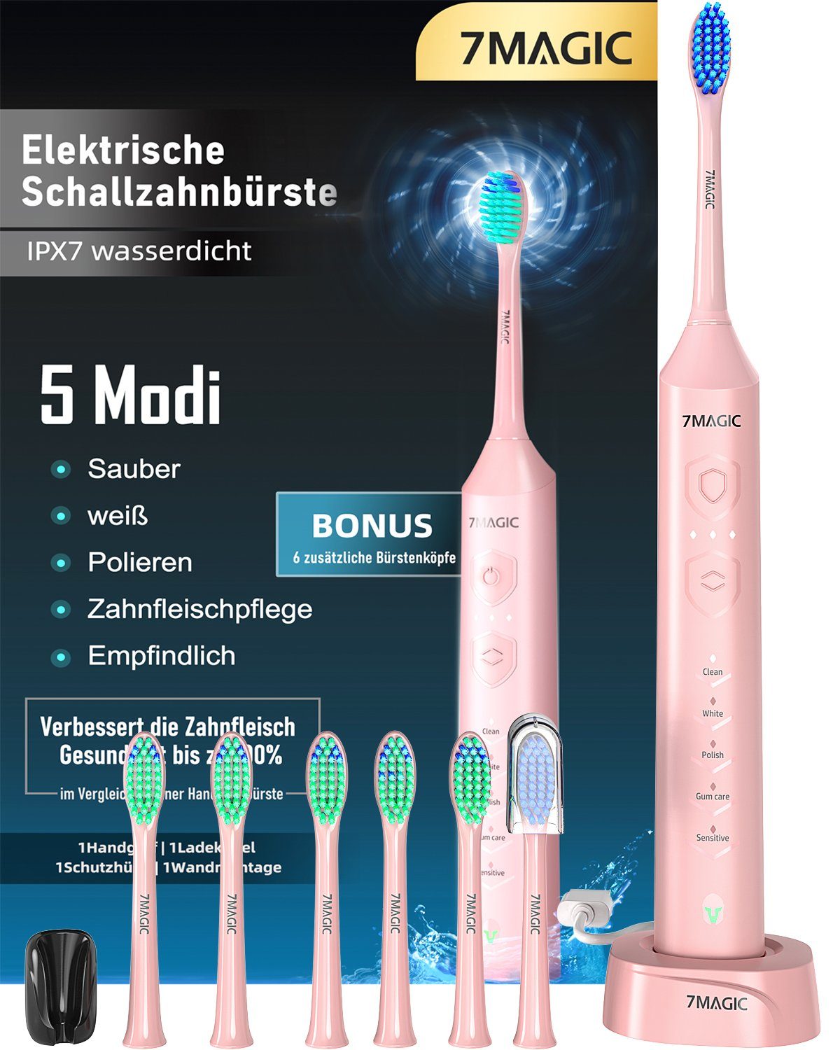 7MAGIC Elektrische Zahnbürste D36 Schallzahnbürste für Zahnpflege, mit 5 modi 3 Vibrationsstärken, Aufsteckbürsten: 6 St., Electric toothbrush für Erwachsene,Zähne reinigen wie ein Zahnarzt, Reise Zahnbürsten mit 6 Zahnbürstenkopf, Timer