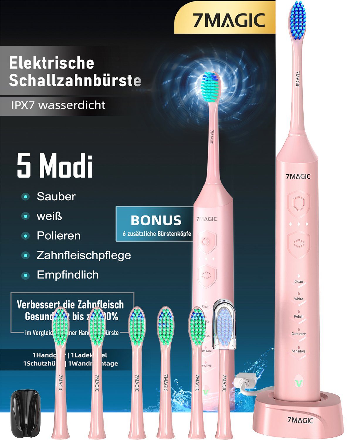 MCURO Elektrische Zahnbürste D36 Schallzahnbürste für Zahnpflege, mit 5 modi 3 Vibrationsstärken, Aufsteckbürsten: 6 St., Electric toothbrush für Erwachsene,Zähne reinigen wie ein Zahnarzt, Reise Zahnbürsten mit 6 Zahnbürstenkopf, Timer